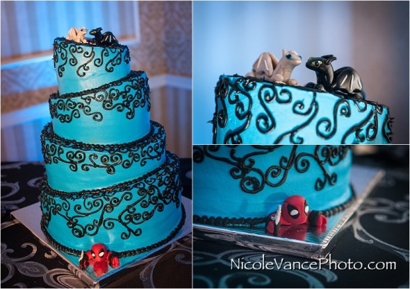 Richmond Weddings, RIchmond Wedding Photography, Wyndham Virginia Crossings Wedding, Nicole Vance Photography, details, teal and black cake, dragon topper, spiderman cake detail