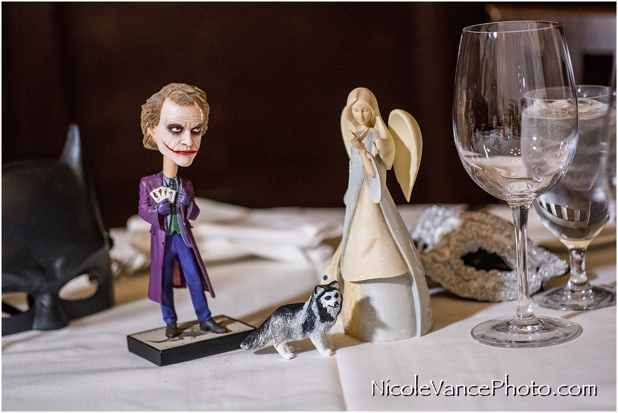 Sinner and saint details from the reception table... their dog is also represented.