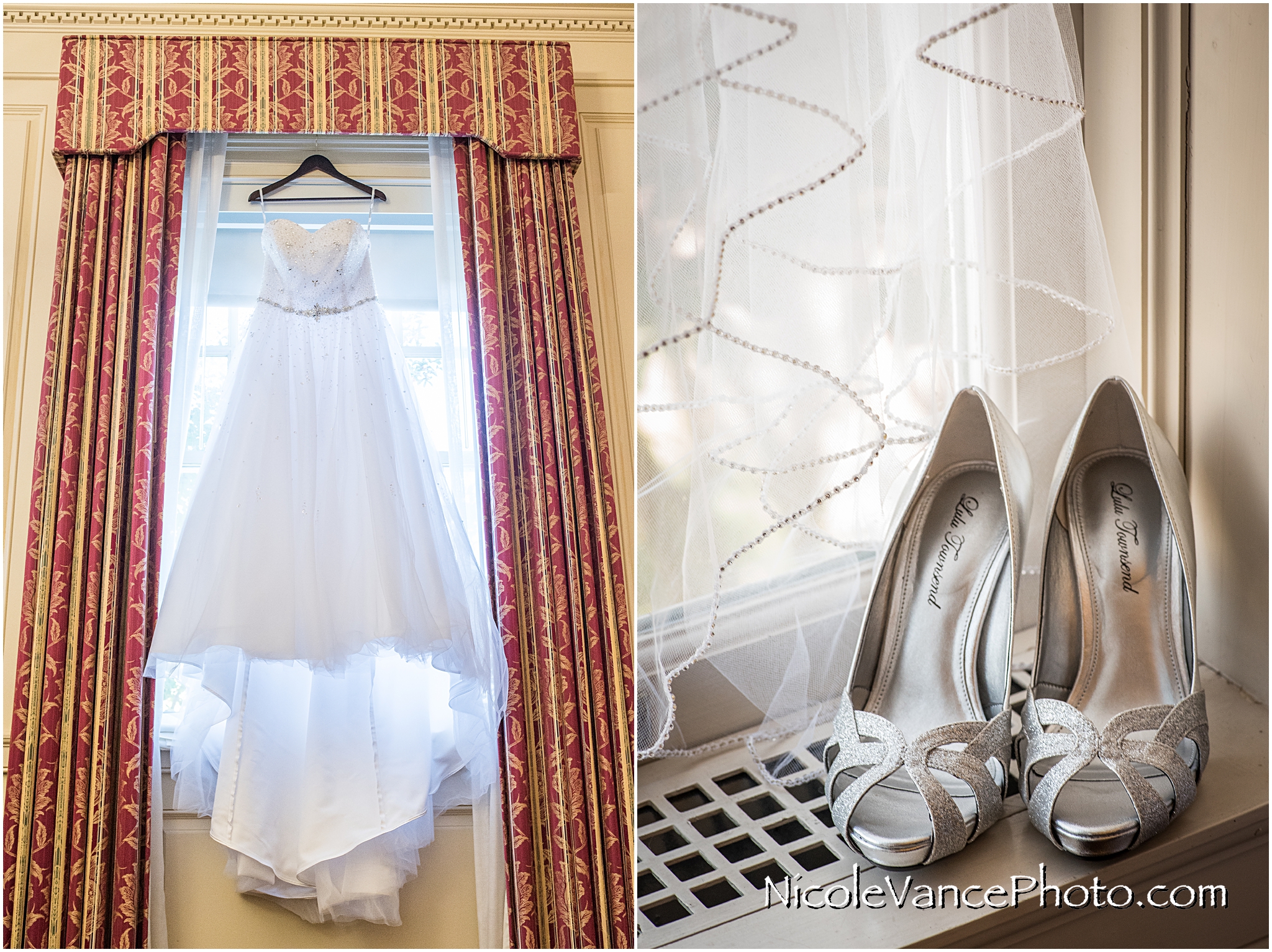 The brides dress and shoes are ready for her wedding day at Virginia Crossings.