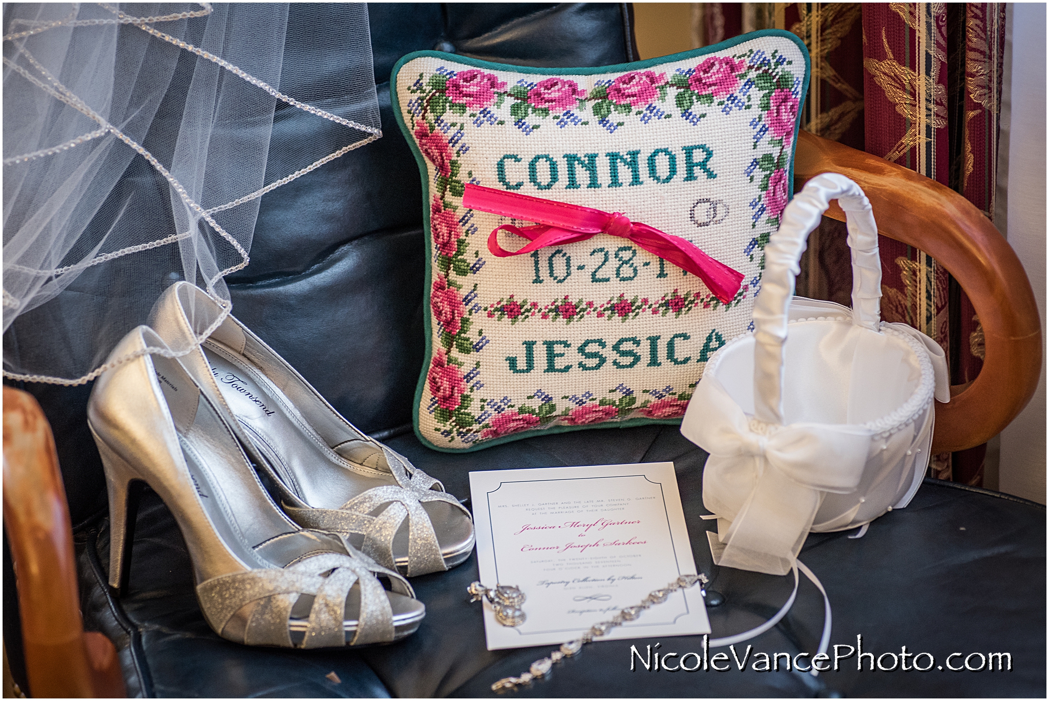 Bridal details at Virginia Crossings; the ring pillow is handmade by the bride's mom.