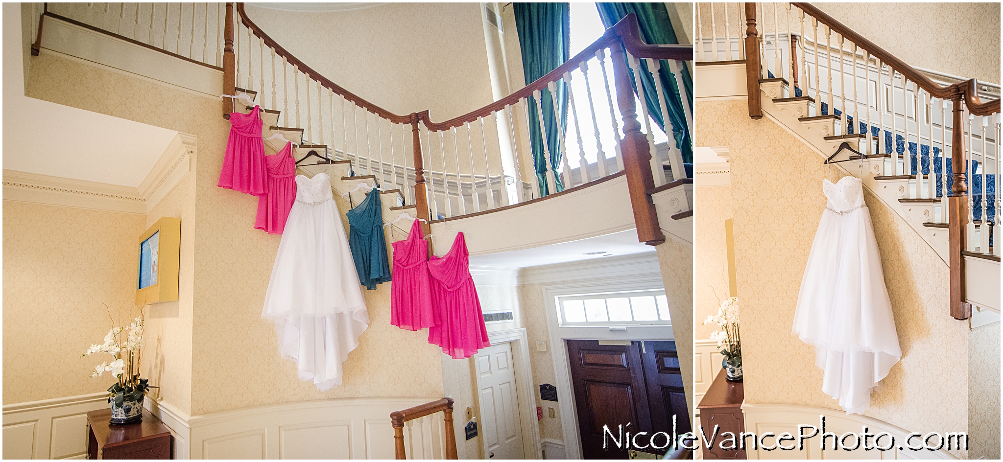 The entire wedding party dresses from Alfred Angelo on display in the atrium of Virginia Crossings.