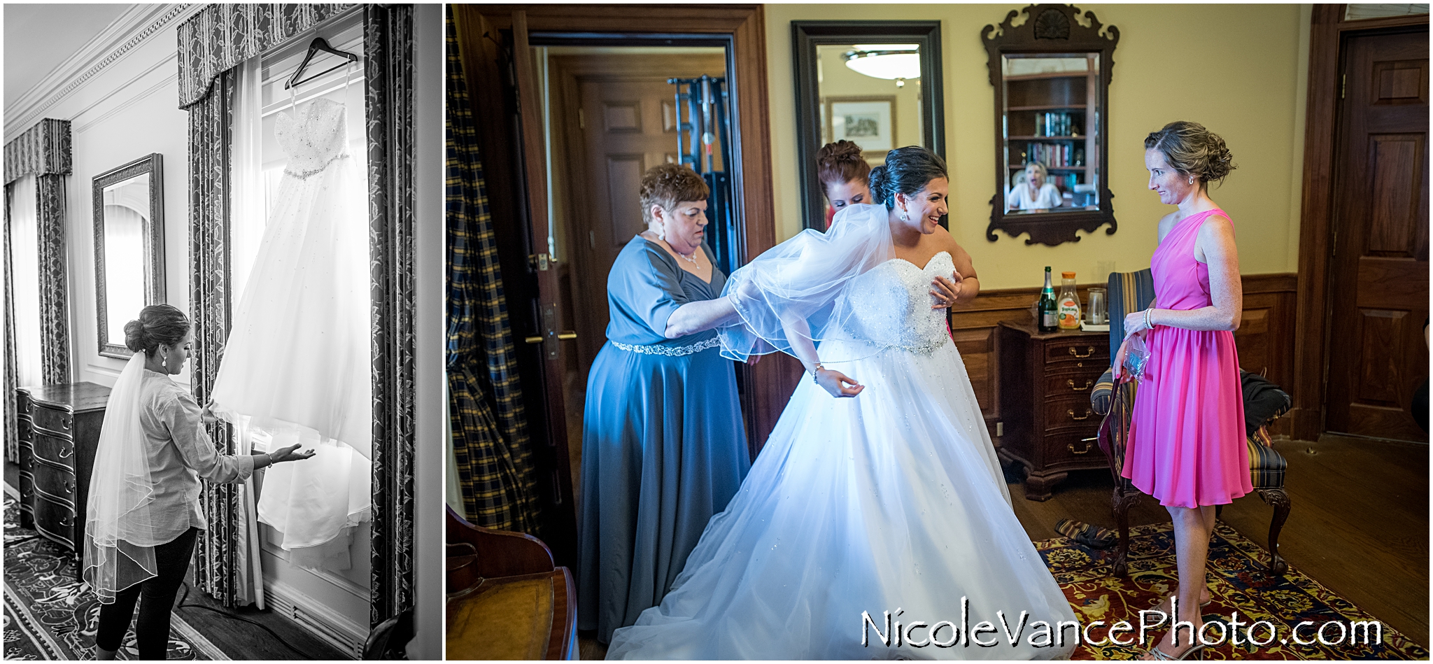 The bride puts on her wedding dress at Virginia Crossings.