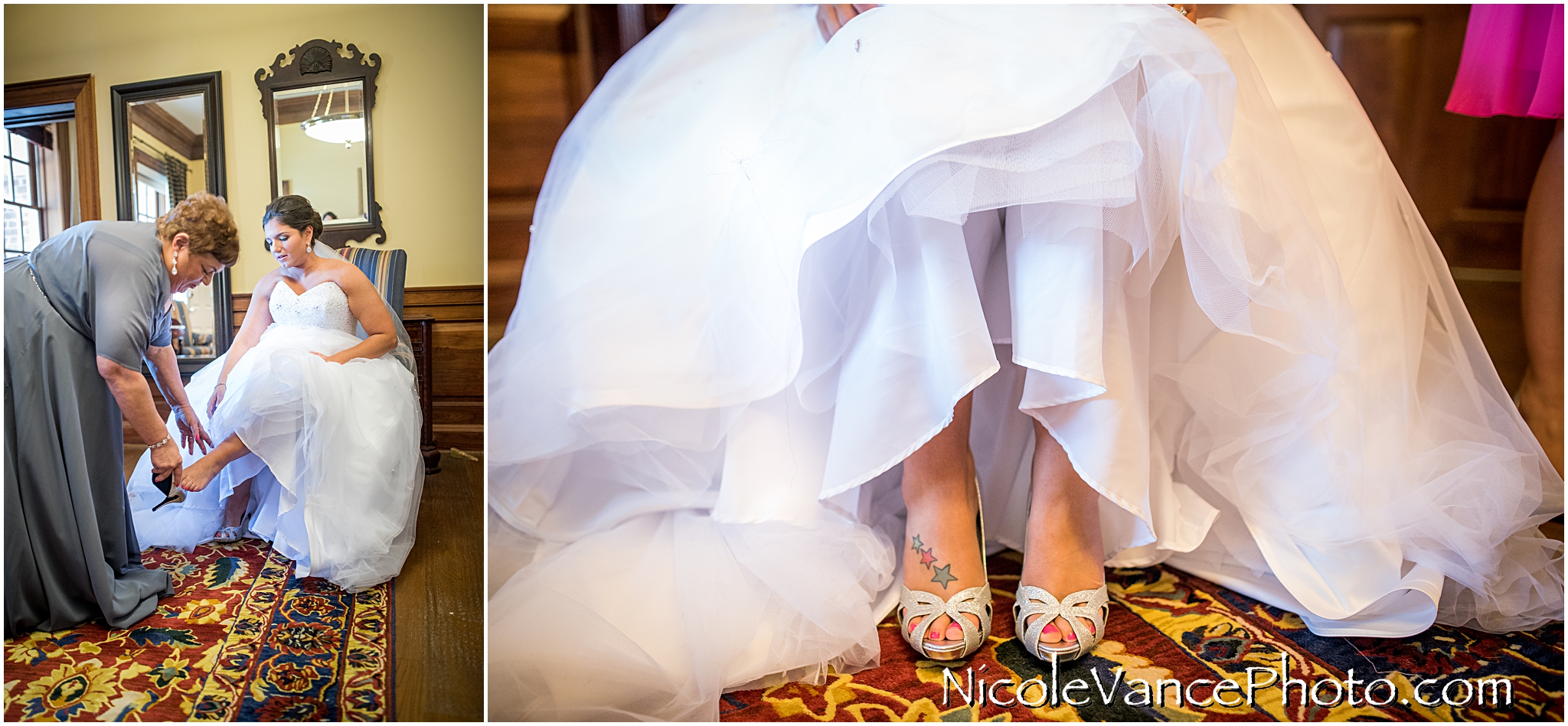 Mom helps the bride put on her shoes.