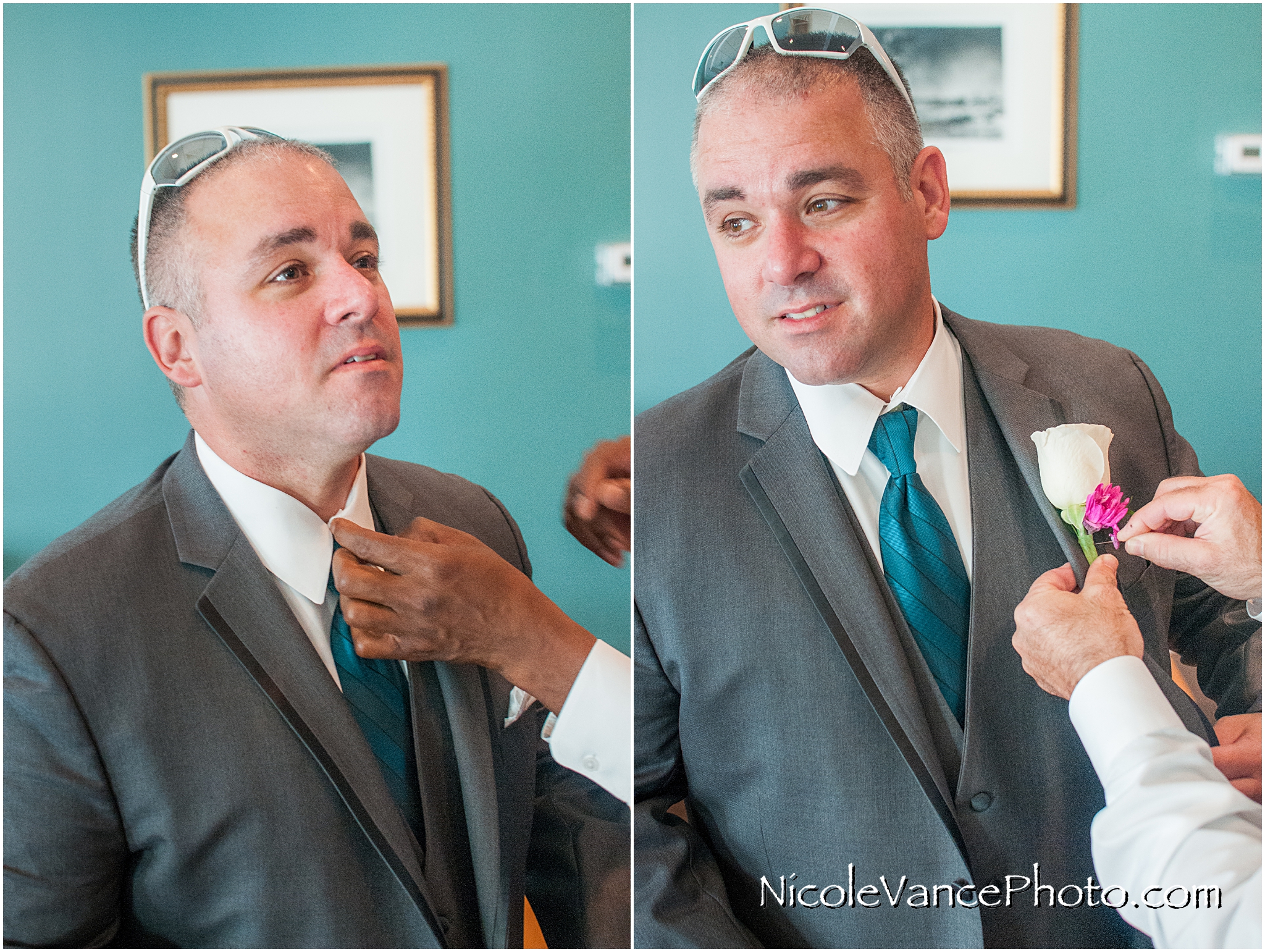 The grooms has his boutonniere pinned on before his wedding at Virginia Crossings.