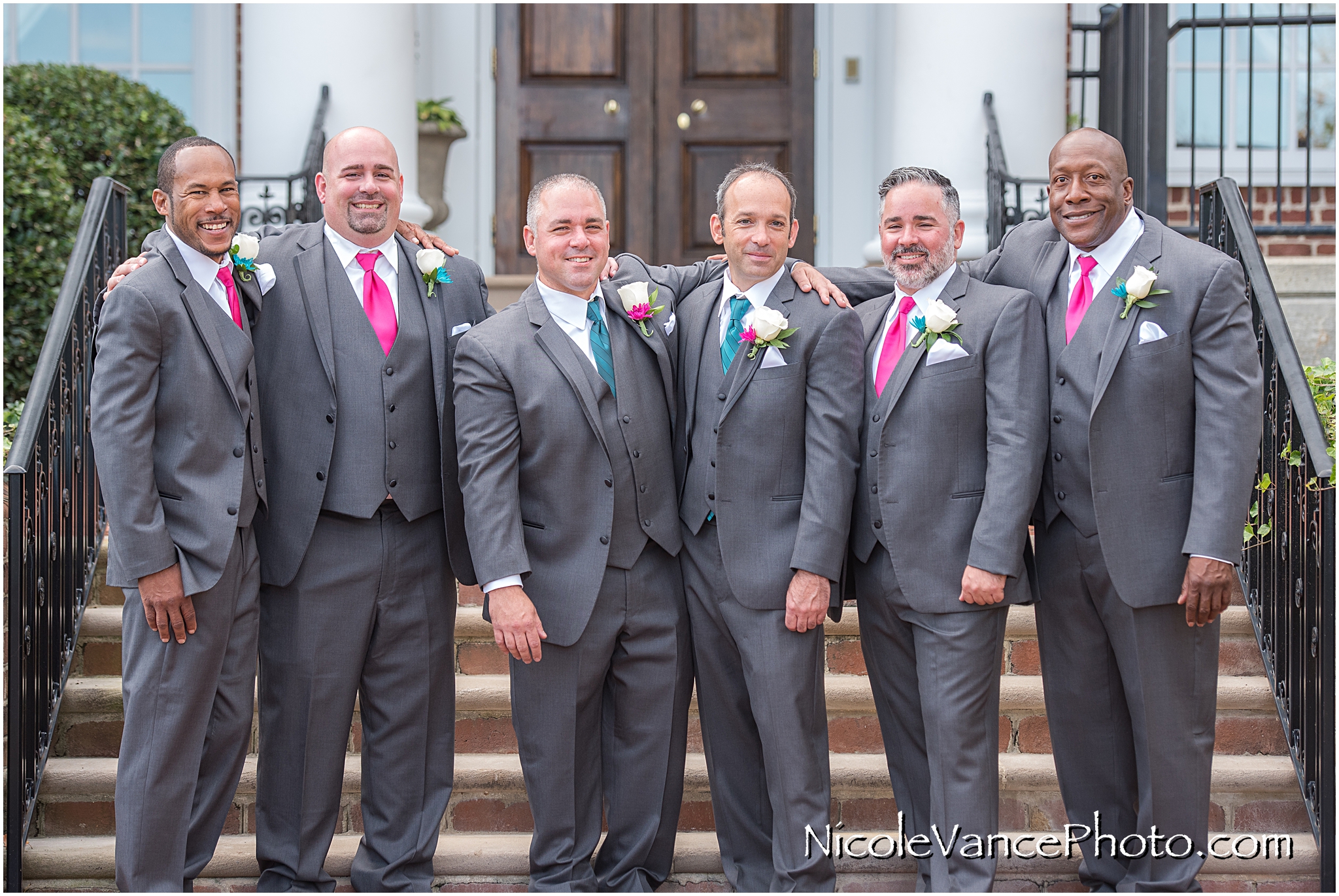 Groomsmen portrait on the steps at Virginia Crossings.