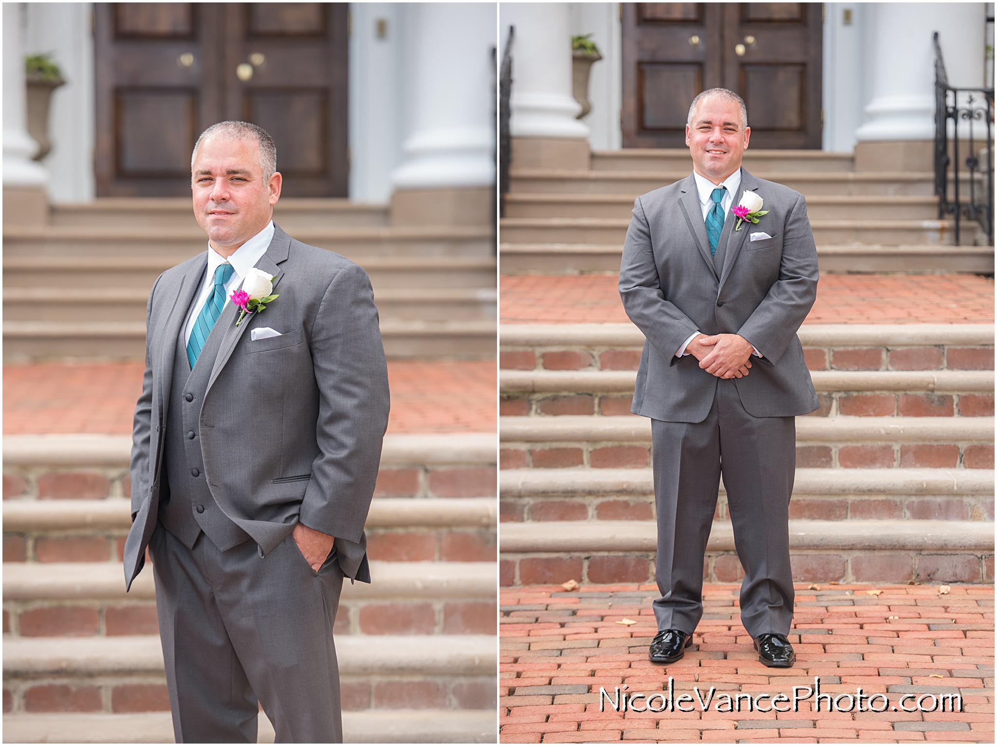 Groom portrait on the steps at Virginia Crossings.