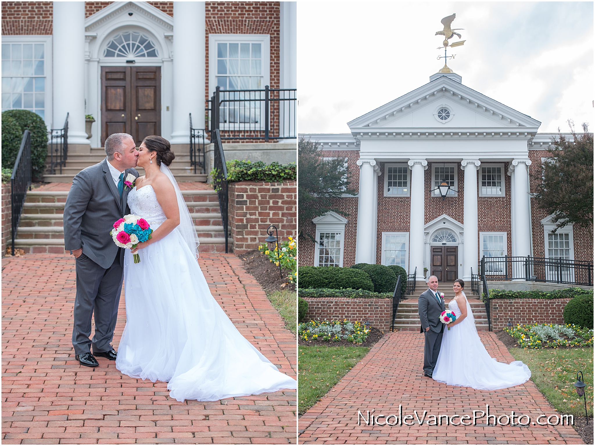 Bride and groom portraits on the steps at Virginia Crossings.