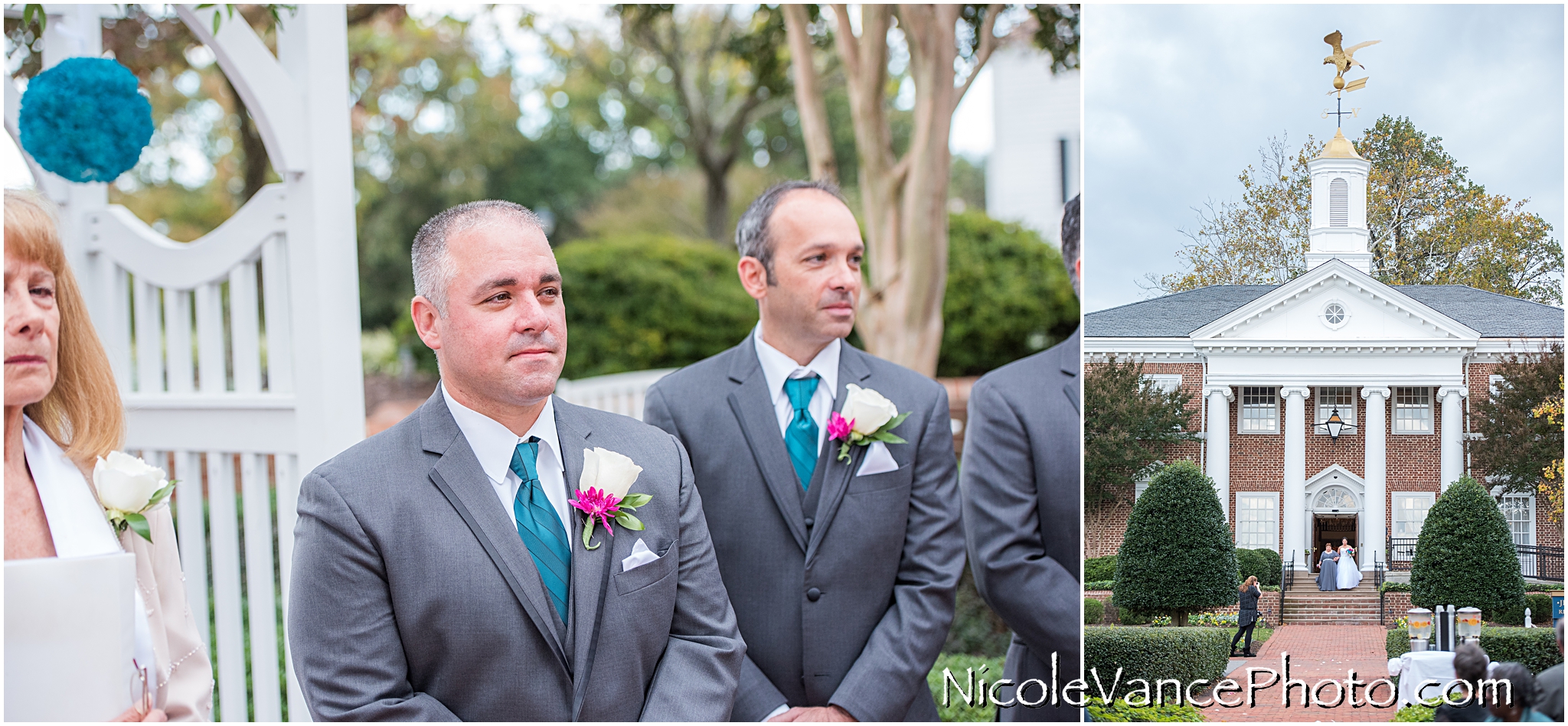 The groom sees his bride at a ceremony at Virginia Crossings.