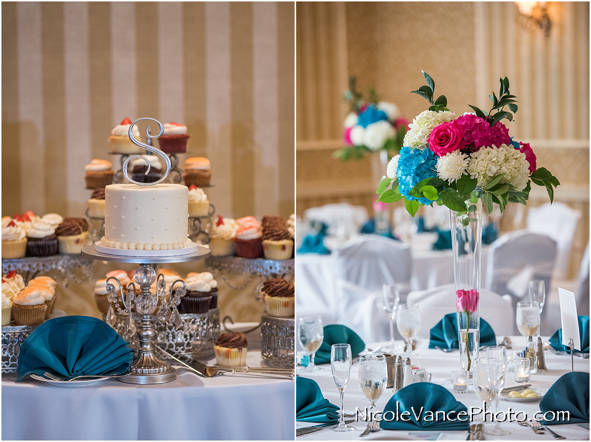 Reception details in the ballroom at Virginia Crossings.