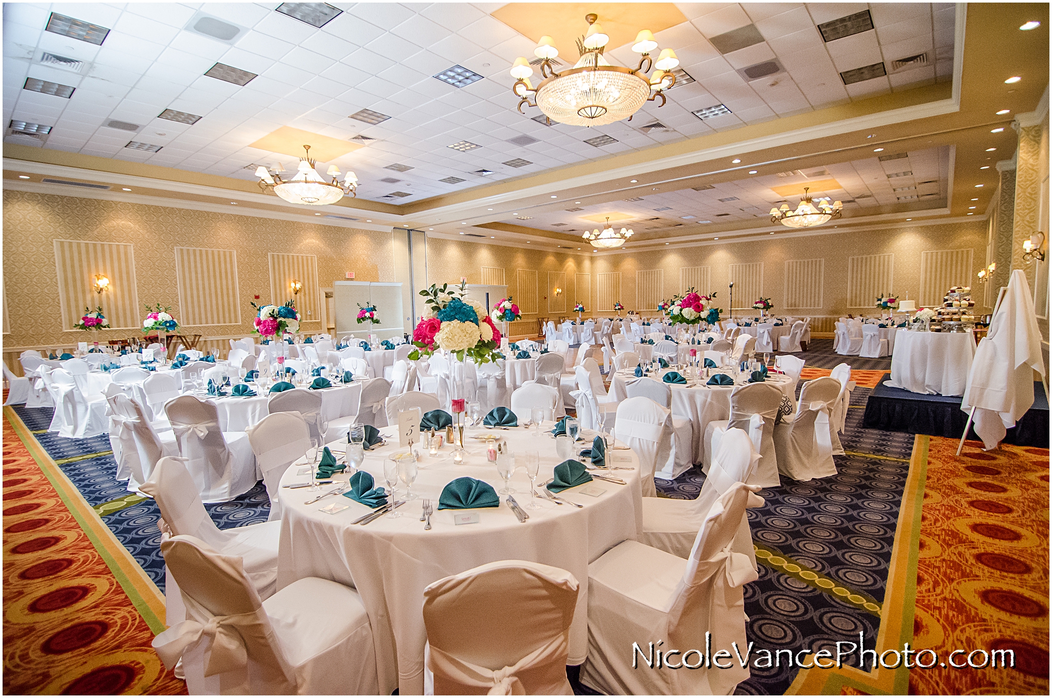 The reception is all set up in the ballroom at Virginia Crossings.