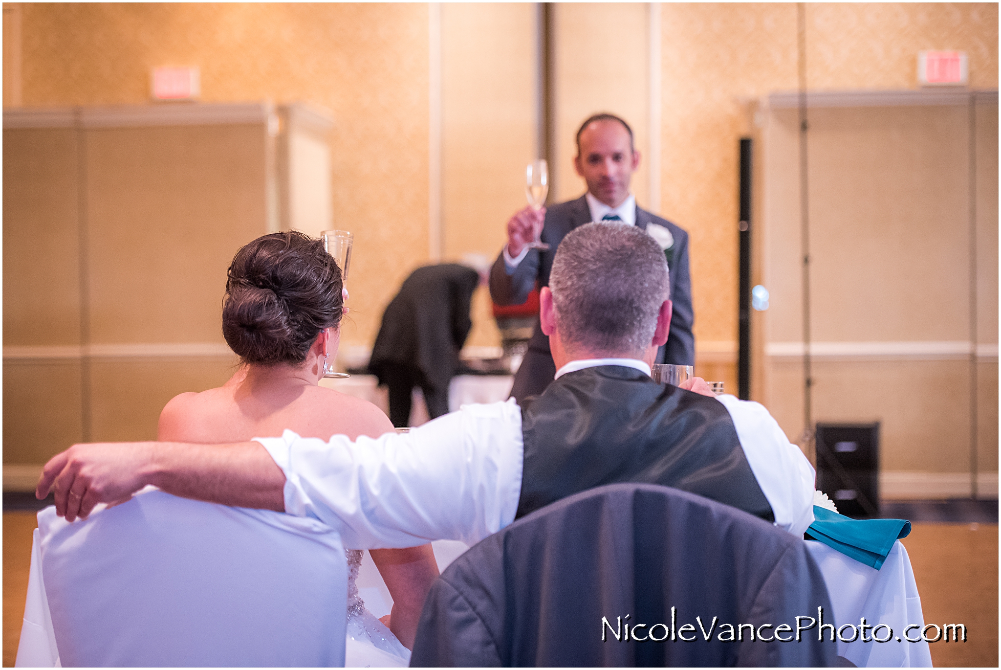 The best man makes a toast at the reception at the Virginia Crossings.