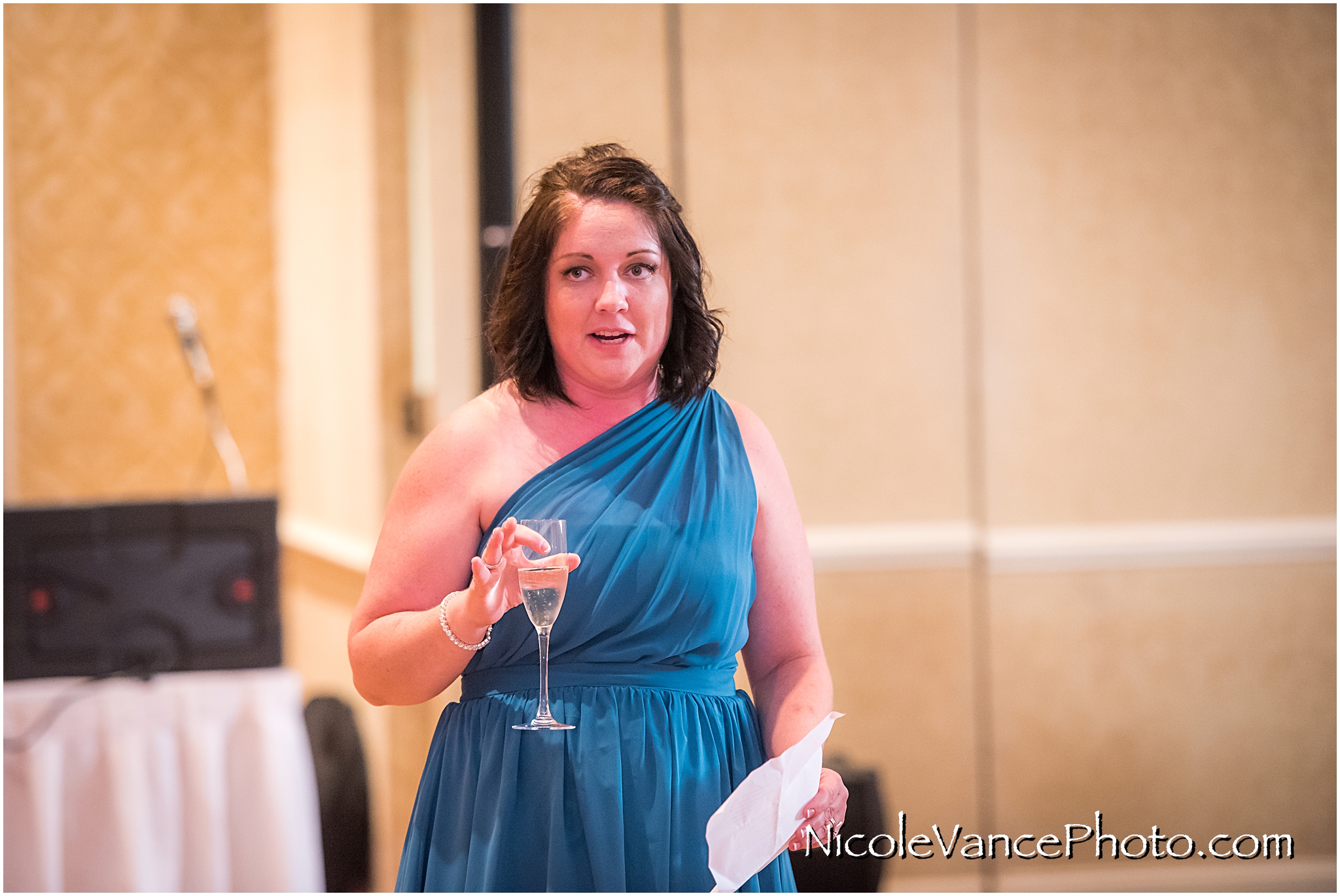 The maid of honor makes a toast at the reception at the Virginia Crossings.