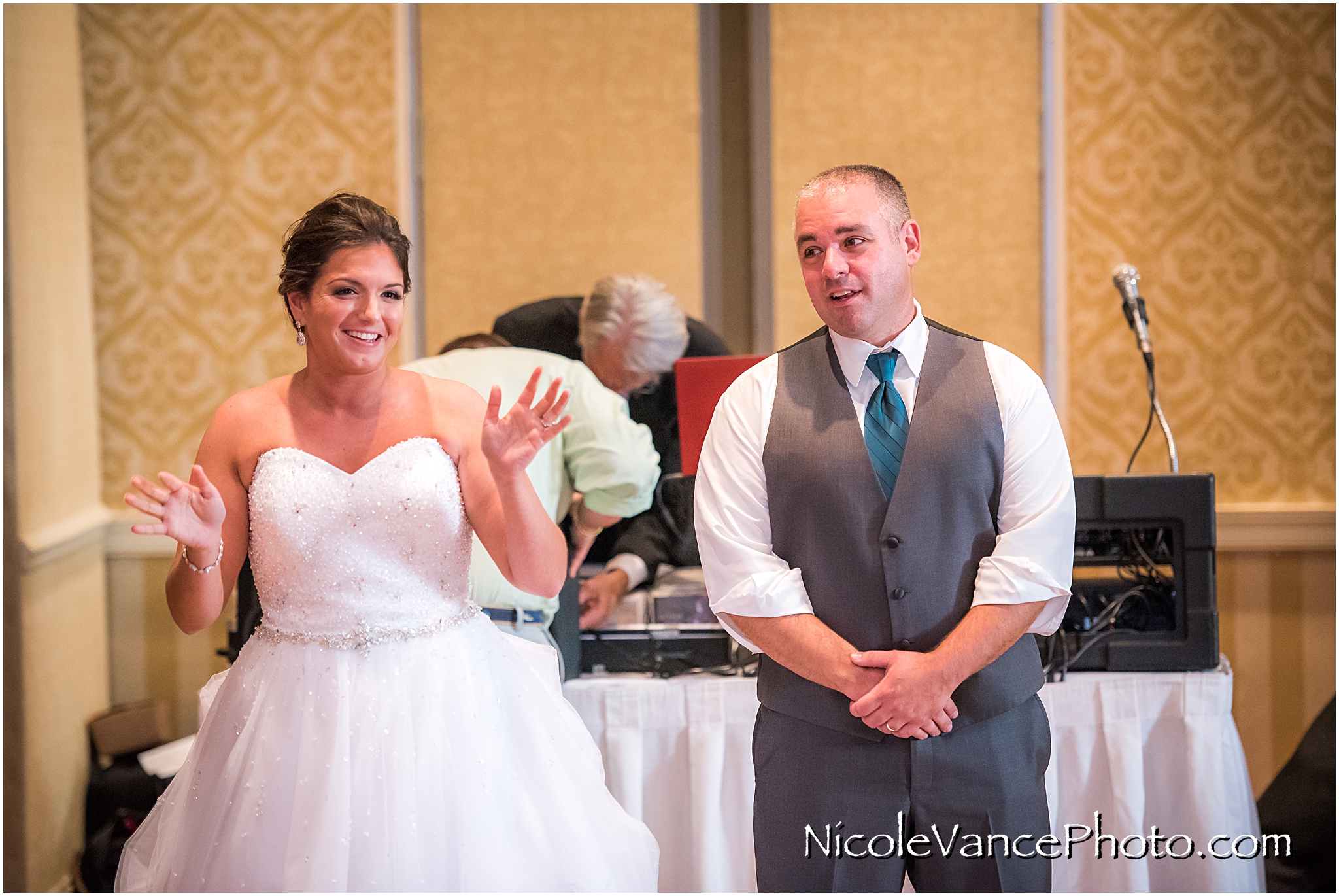 The bride and groom make a toast at the reception at the Virginia Crossings.