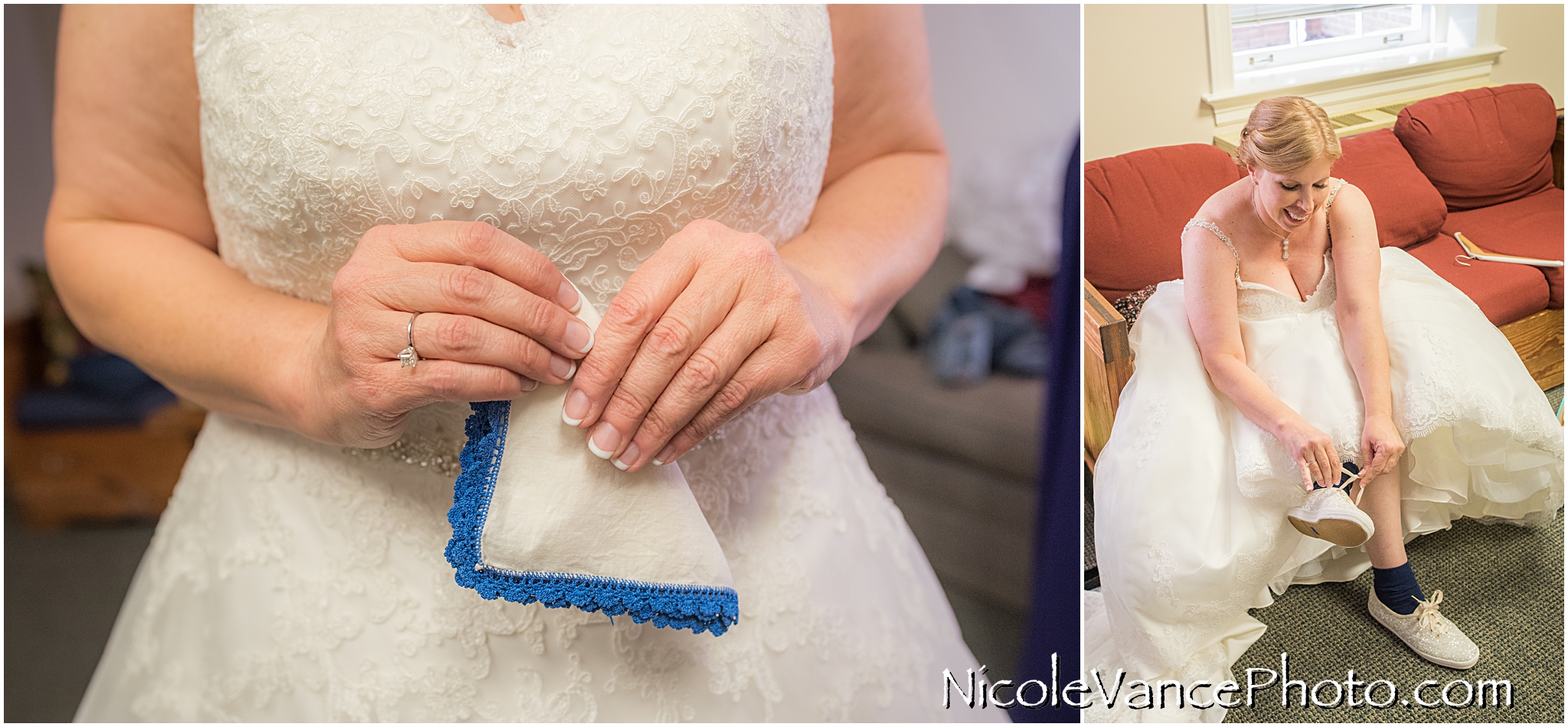 This vintage handkerchief is the bride's something old, borrowed and blue.