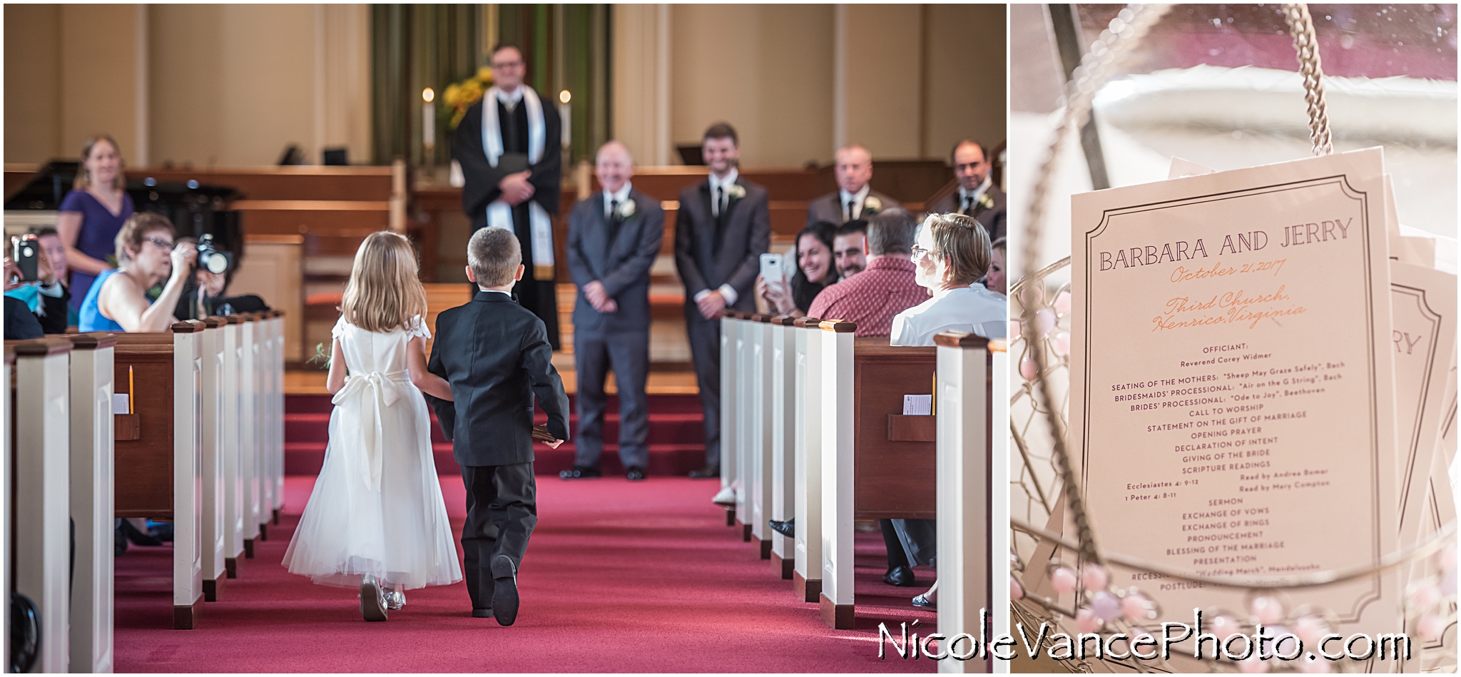 The flower girl and ring bearer proceed down the aisle at Third Church Presbyterian.