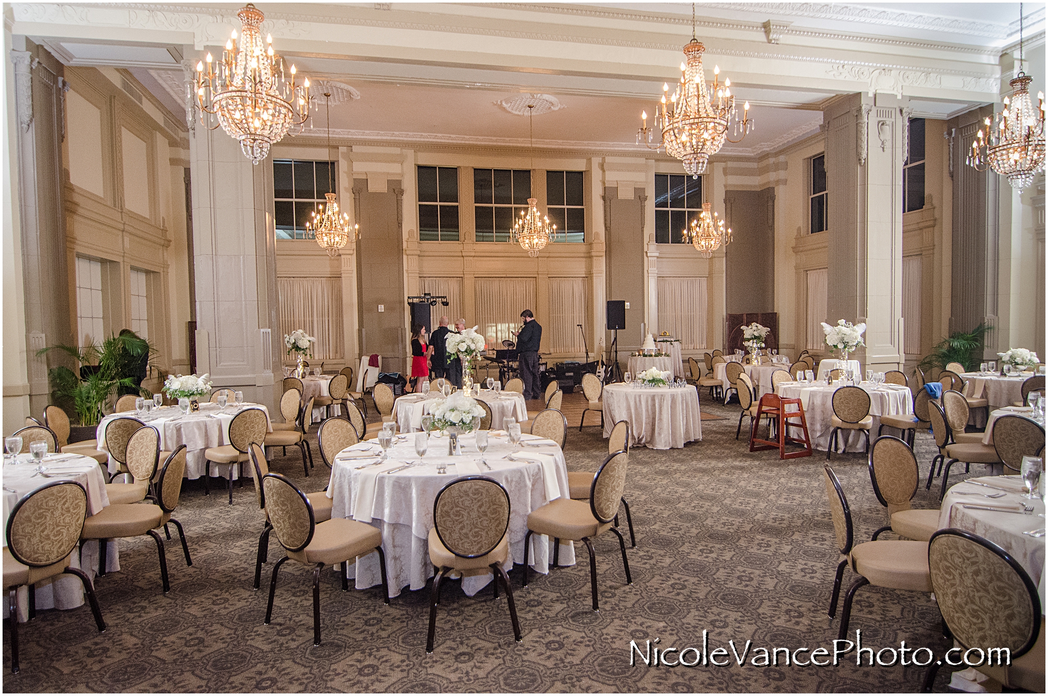 Empty ballroom setup for Barbara and Jerry's wedding reception at the Hotel John Marshall.