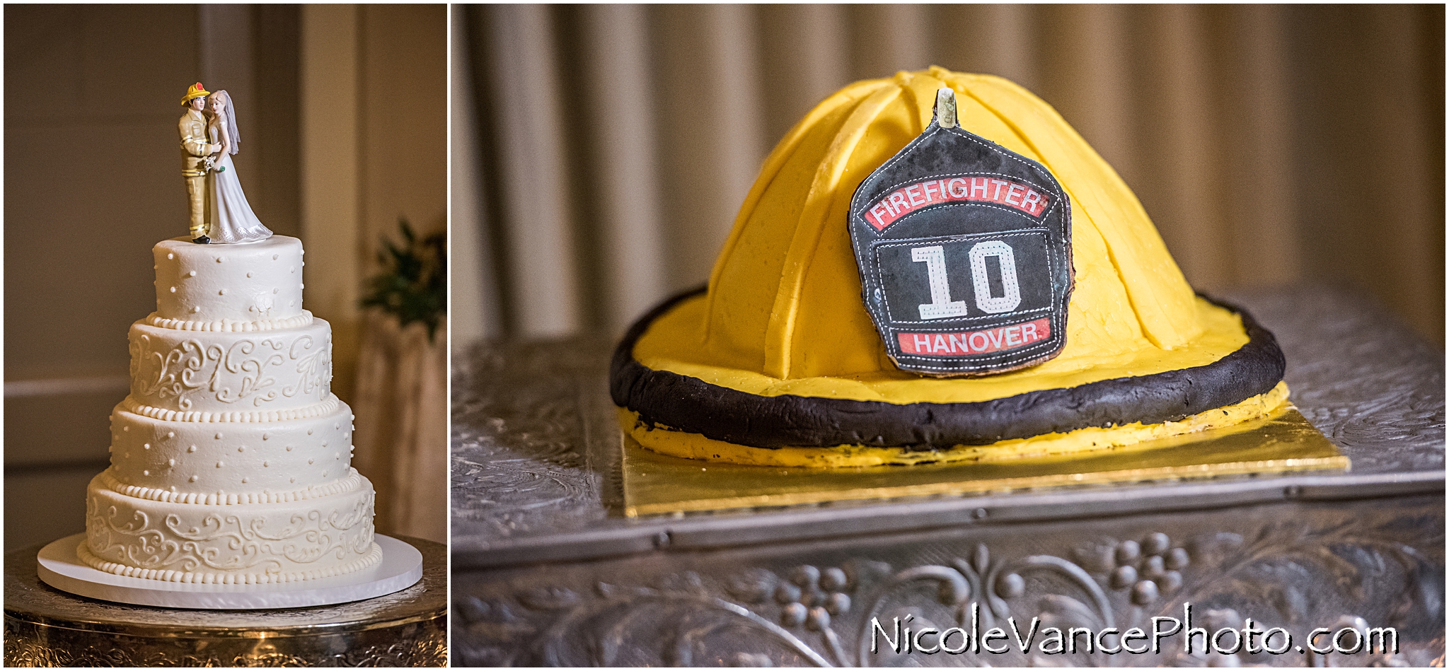 This classic wedding cake is topped with a very special cake topper featuring a firefighter. The grooms cake was also firefighter themed.