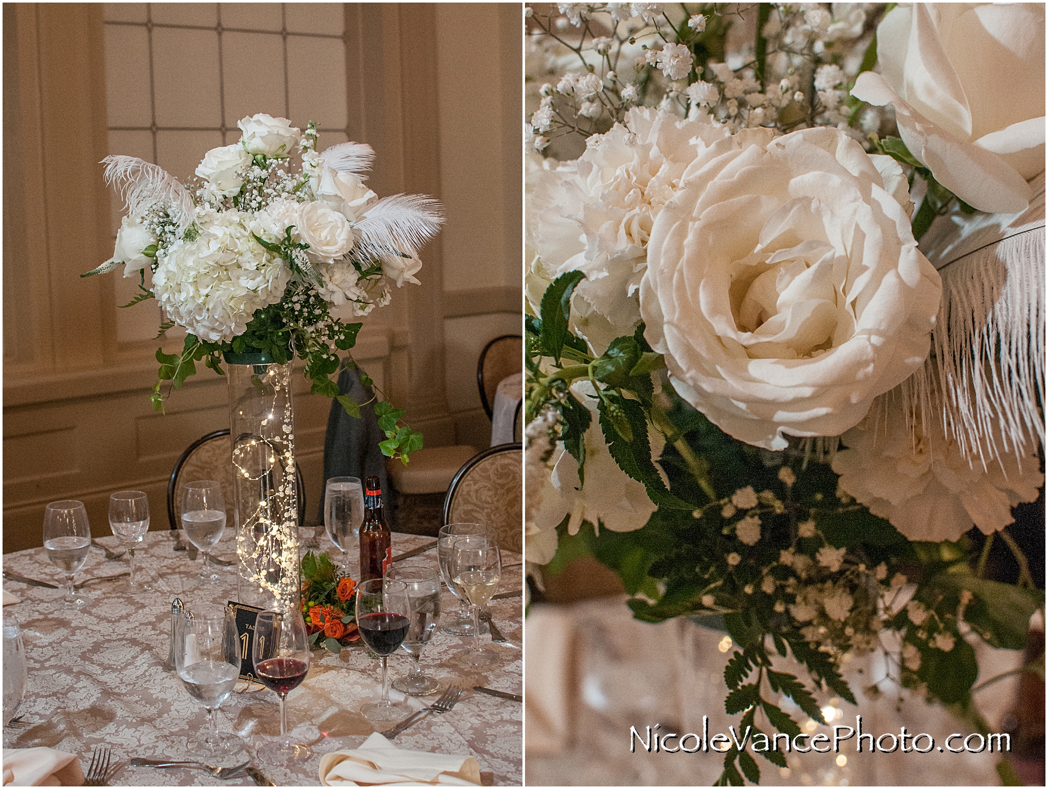 These centerpieces at the Hotel John Marshall ballroom were created by the bride and her family.