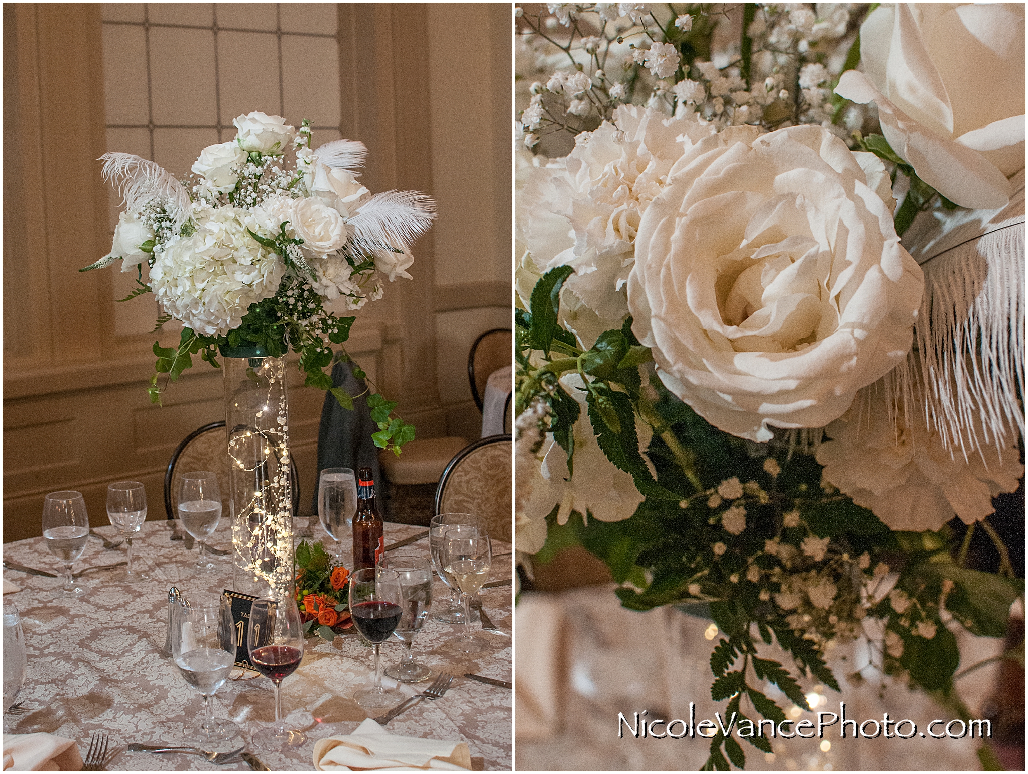 These centerpieces at the Hotel John Marshall ballroom were created by the bride and her family.