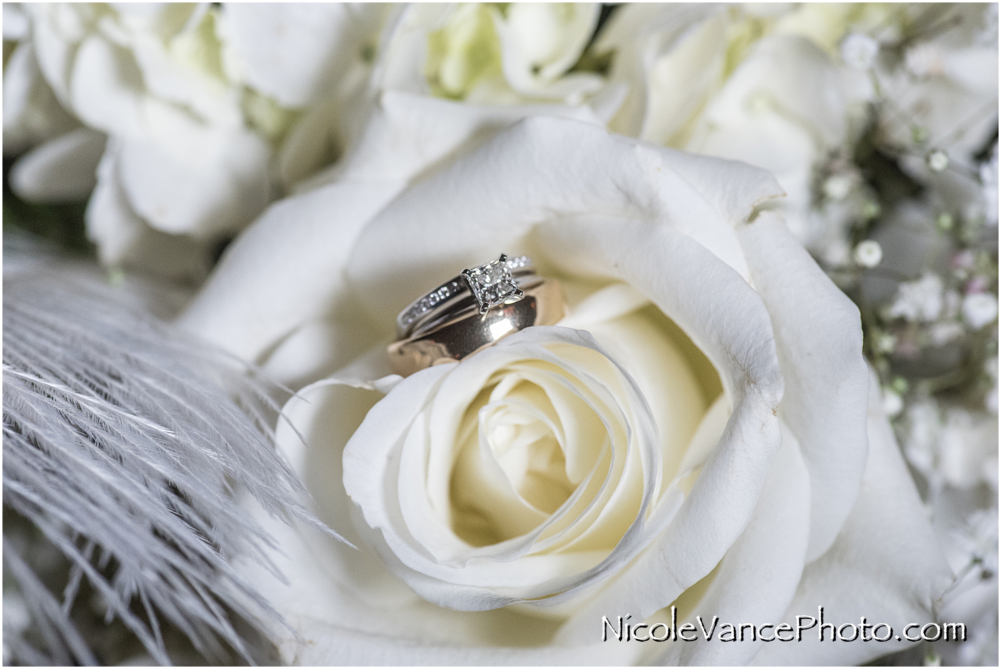 Wedding rings displayed in a centerpiece, inside a rose.