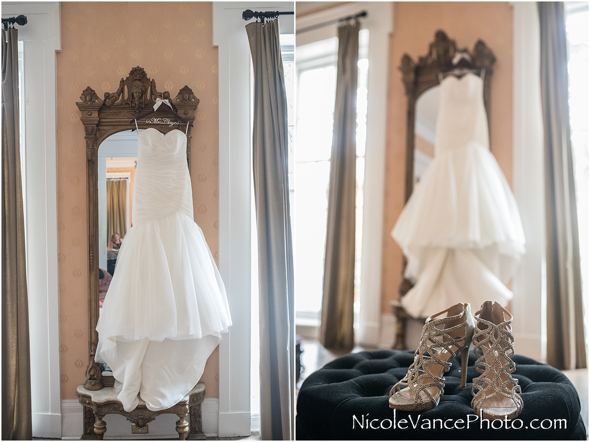 The bride's dress hangs in the bridal suite at Linden Row Inn.