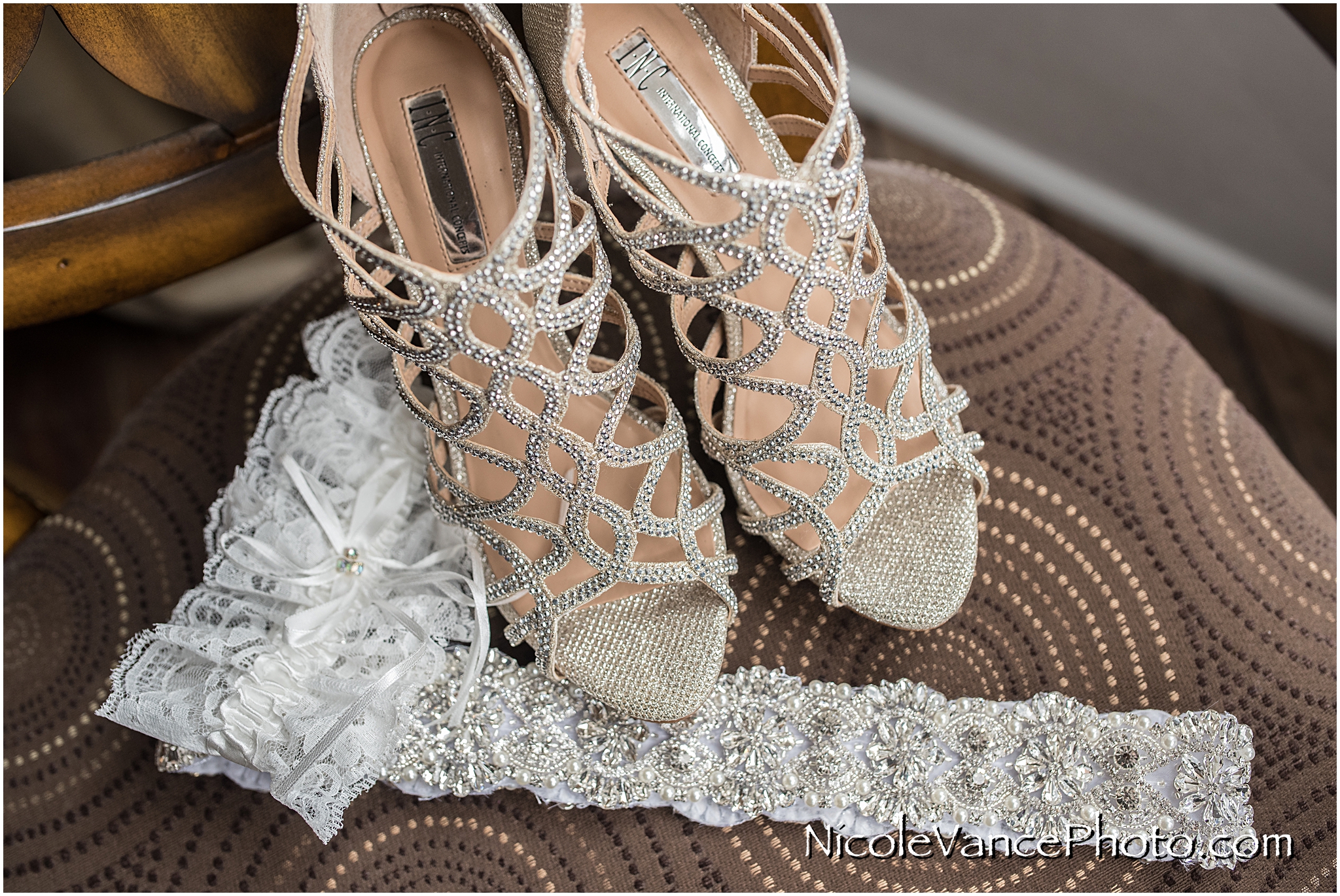 Bridal shoes, beaded belt and garter await their big day.