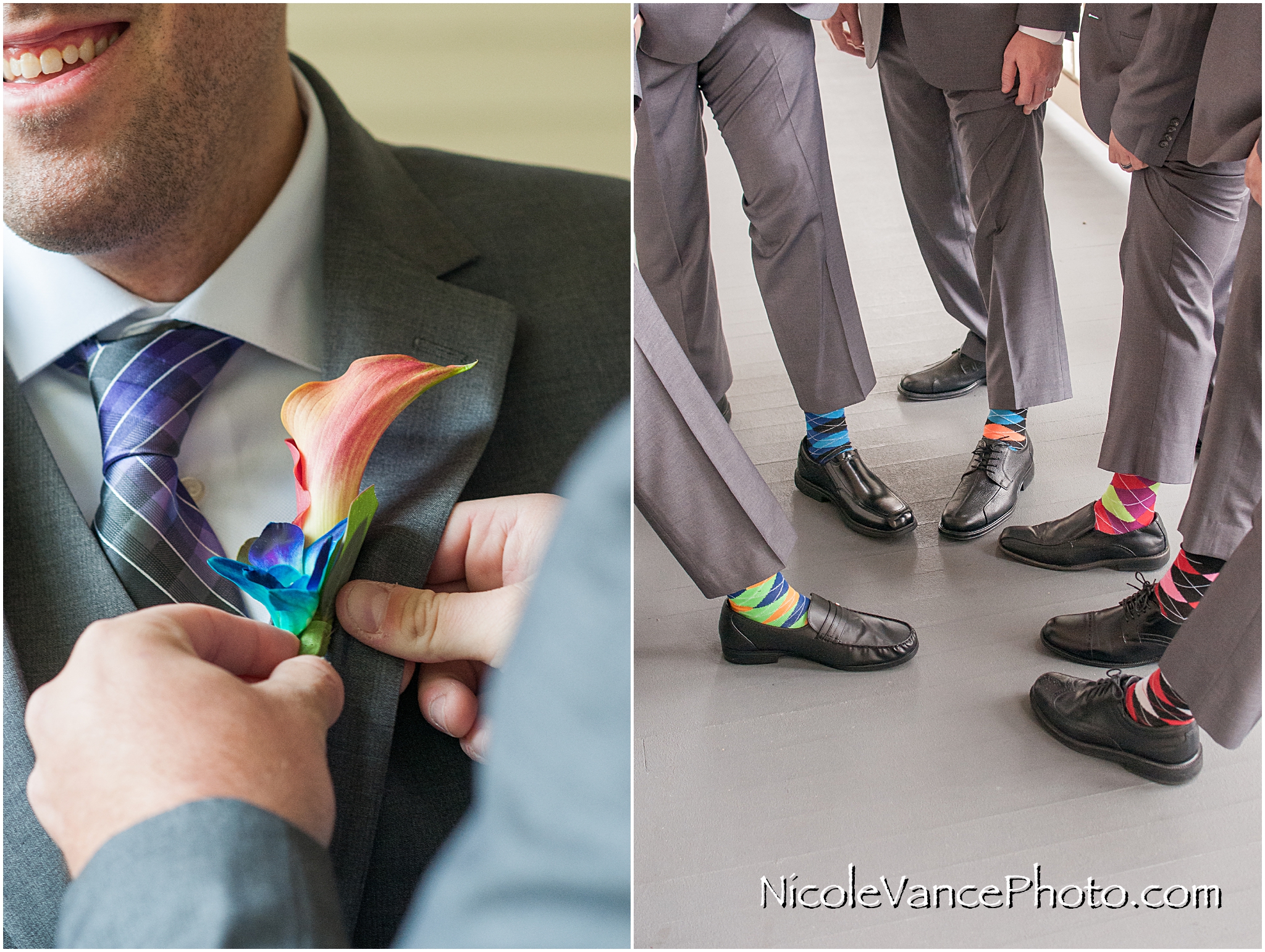 The colorful socks echo the beautiful tones of the florals provided by Flowers Make Scents.