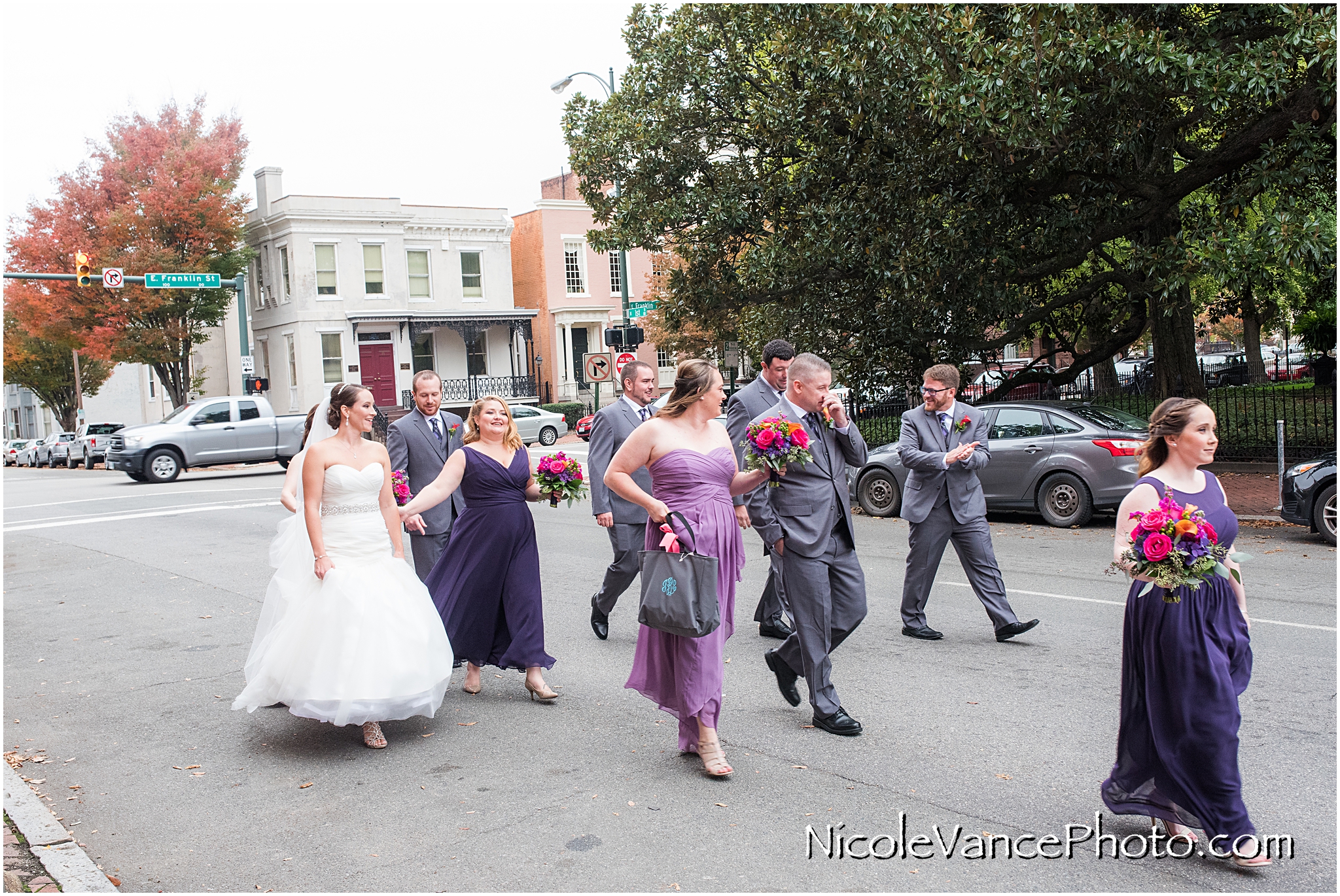 The bridal party heads to the trolley to travel to the wedding ceremony at the Church.