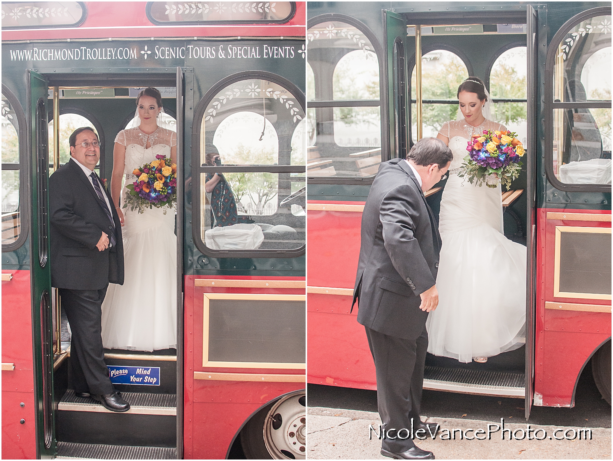 The bride exits the trolley at St Peter's Catholic Church.