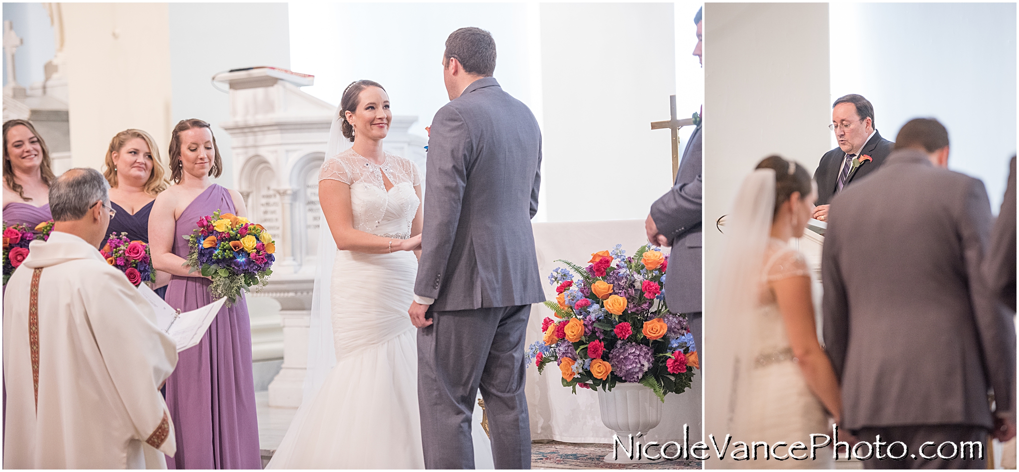 The bride and groom pray during their wedding ceremony at St Peter's Catholic Church in Richmond, VA.