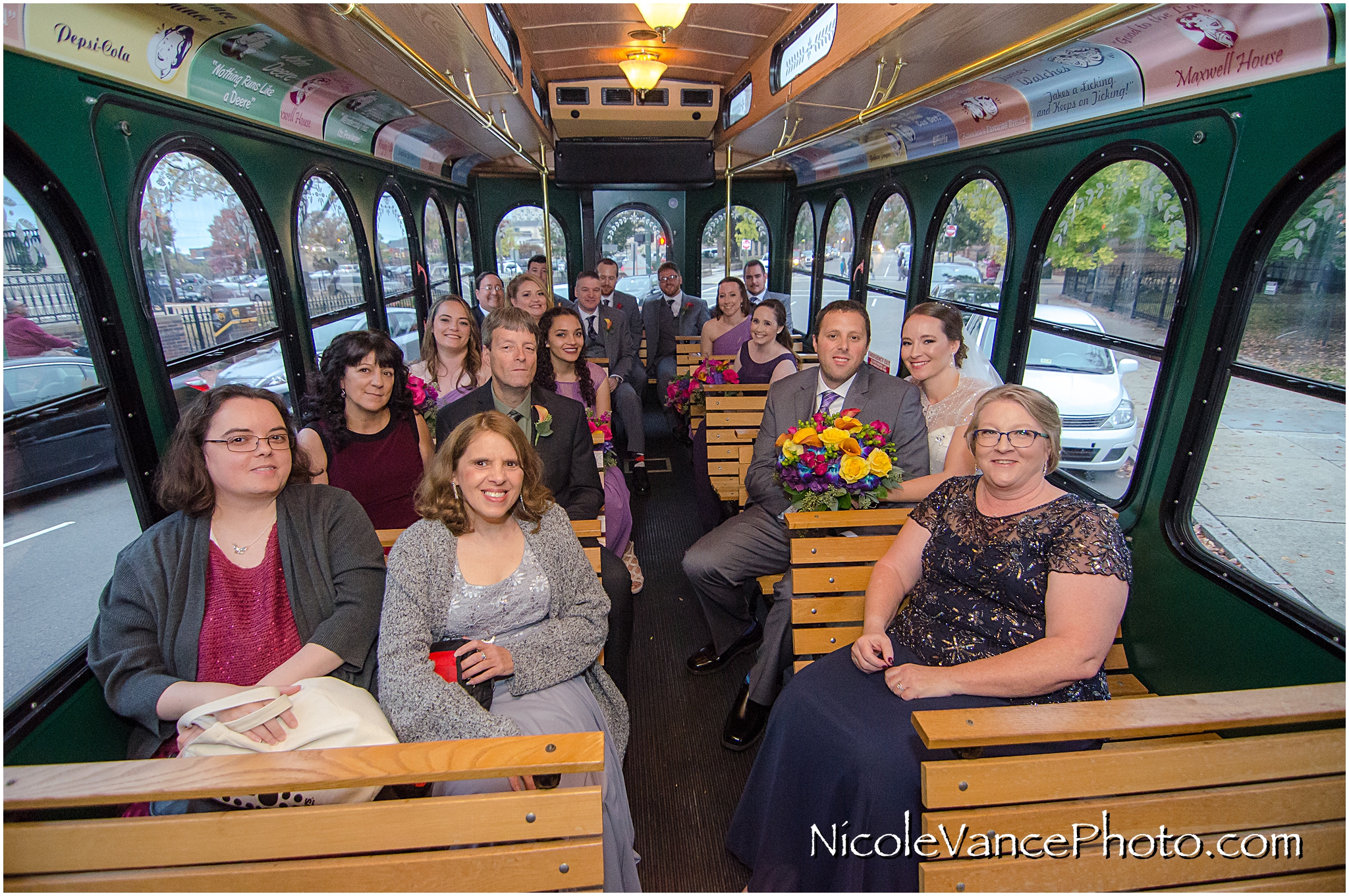 Trolley ride to the wedding reception at The Brownstone by Richmond Trolley.