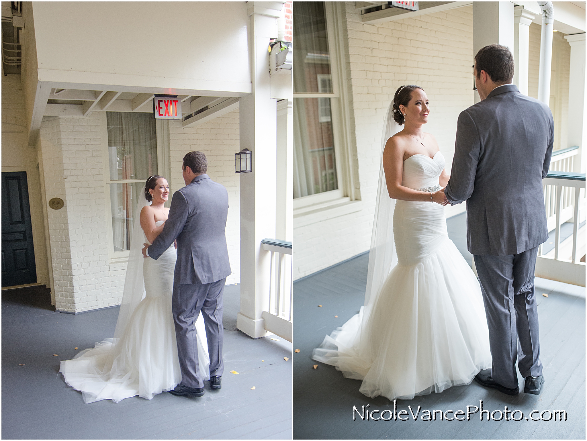 The bride and groom have a private first look on the balcony of the Linden Row Inn.