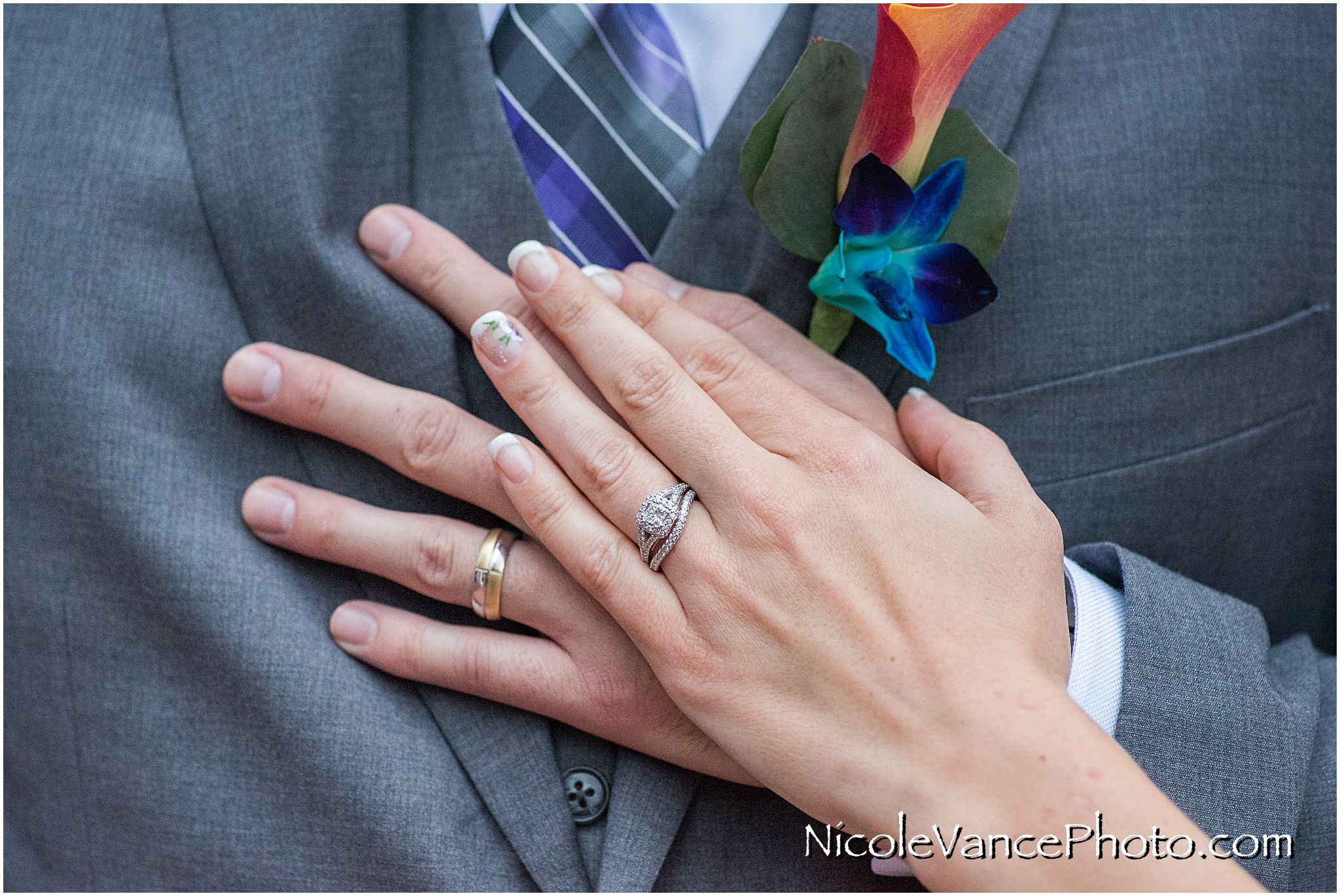 Detailed ring shot with the bride and grooms hands.