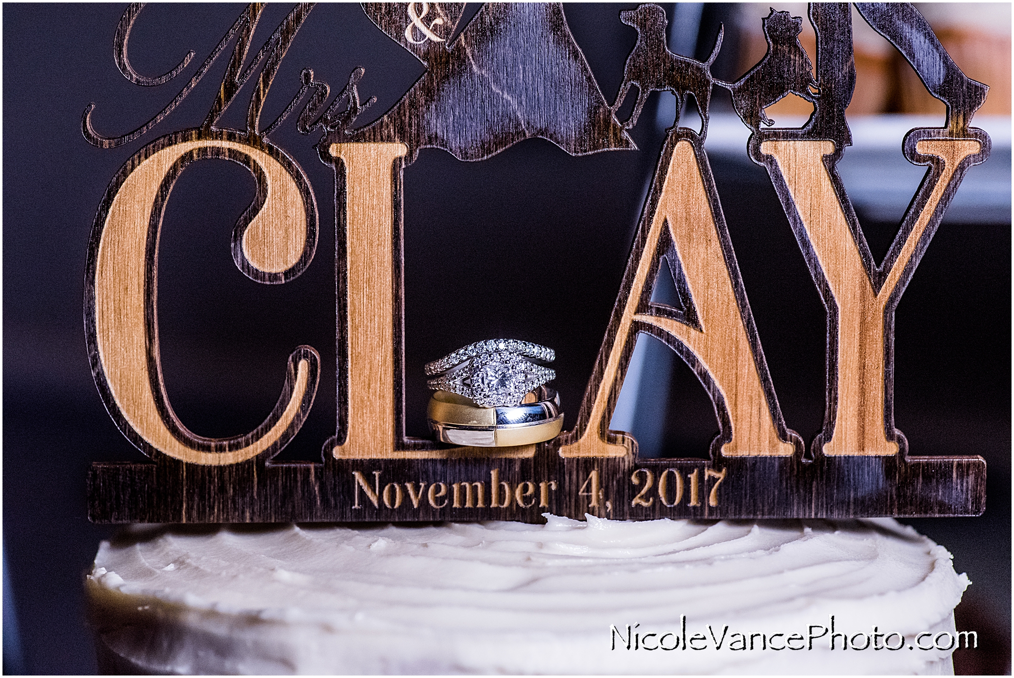 I love this ring shot with the laser etched cake topper displaying their names and wedding date.