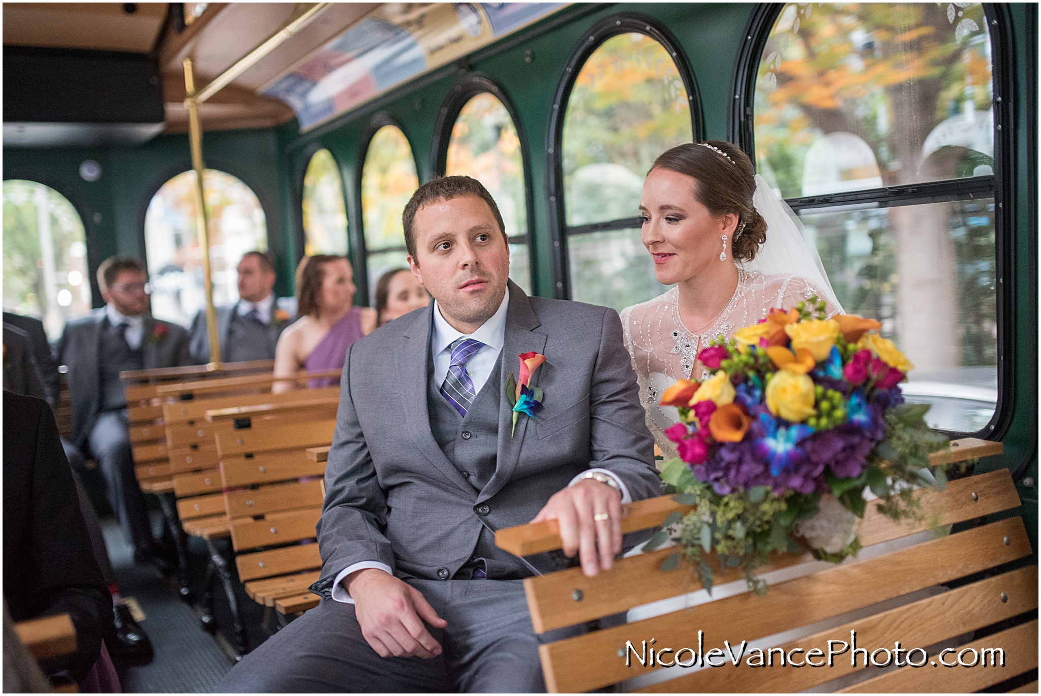 Trolley ride to the wedding reception at The Brownstone by Richmond Trolley.