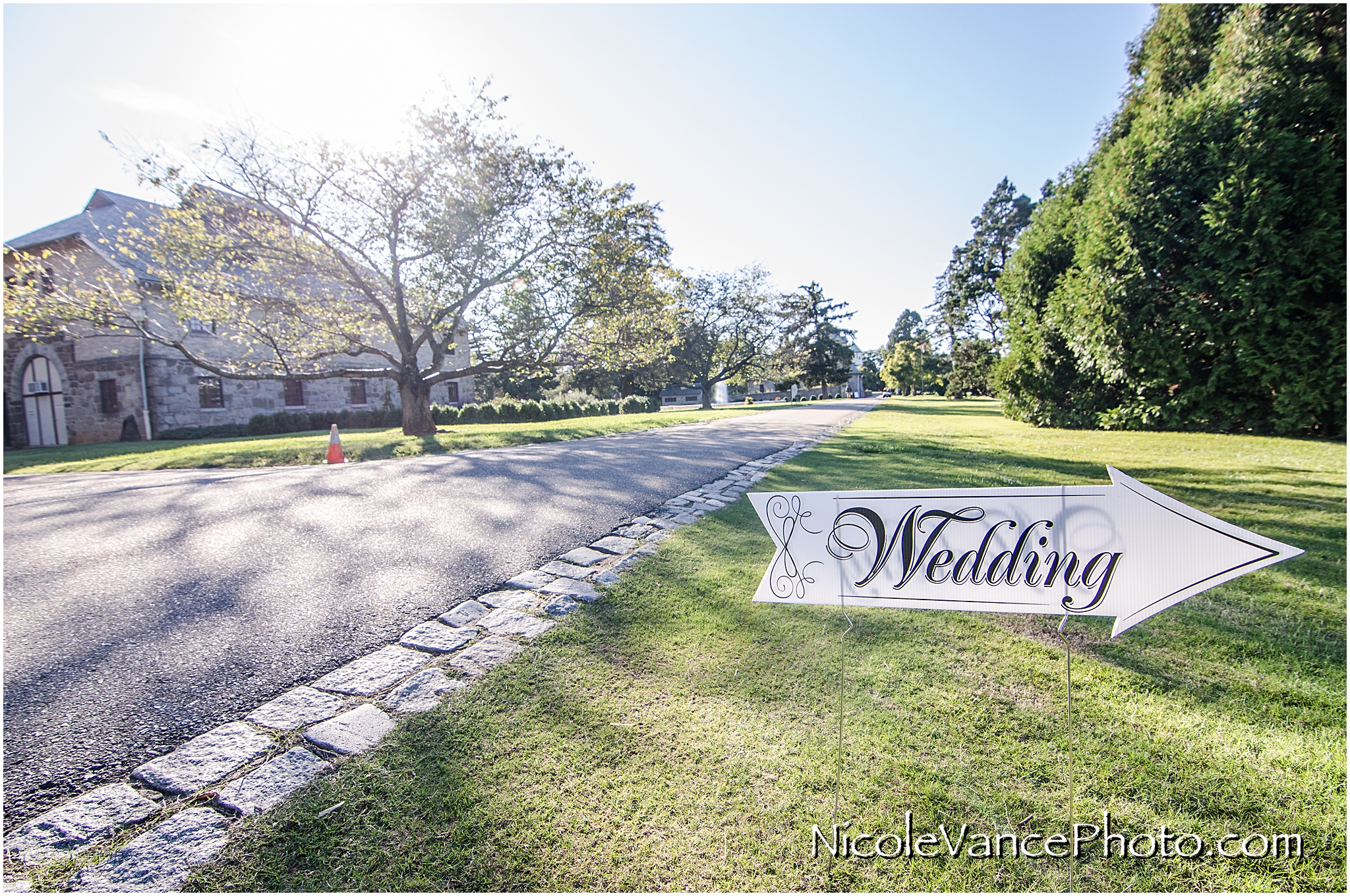This wedding sign guides the guest to the wedding location to the large Tulip Polar Tree at Maymont Park in Richmond Virginia.