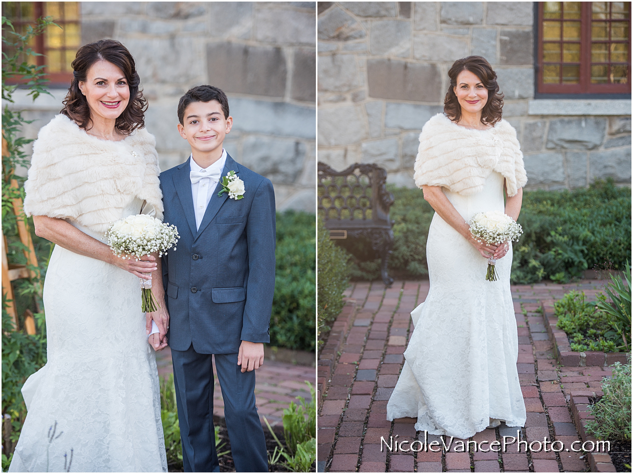 The bride poses with her son and shows off her beautiful gown just prior to the wedding at Maymont Park.