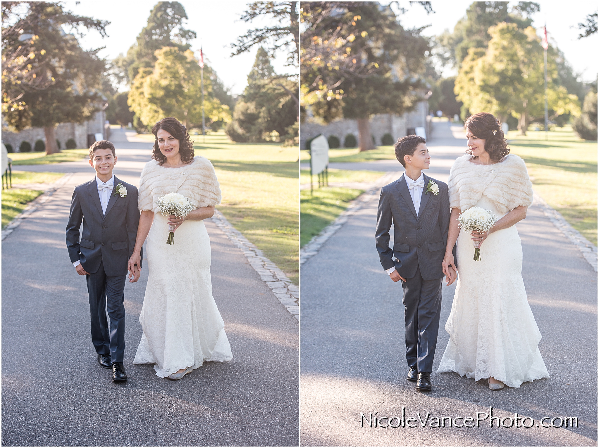 Escorted by her son, the bride walks to her horse drawn carriage at Maymont Park.