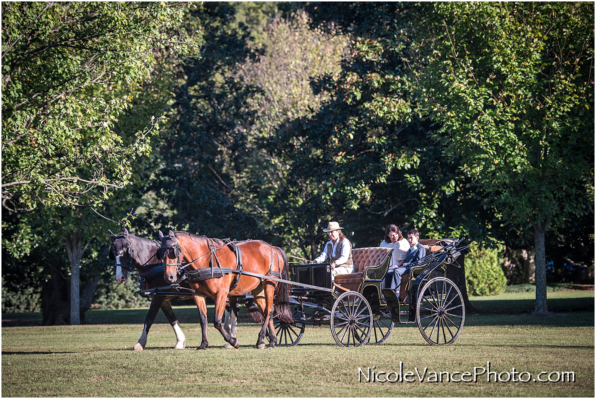 The bride and her son enjoy a horse drawn carriage ride to the wedding ceremony at Maymont Park in Richmond Virginia.