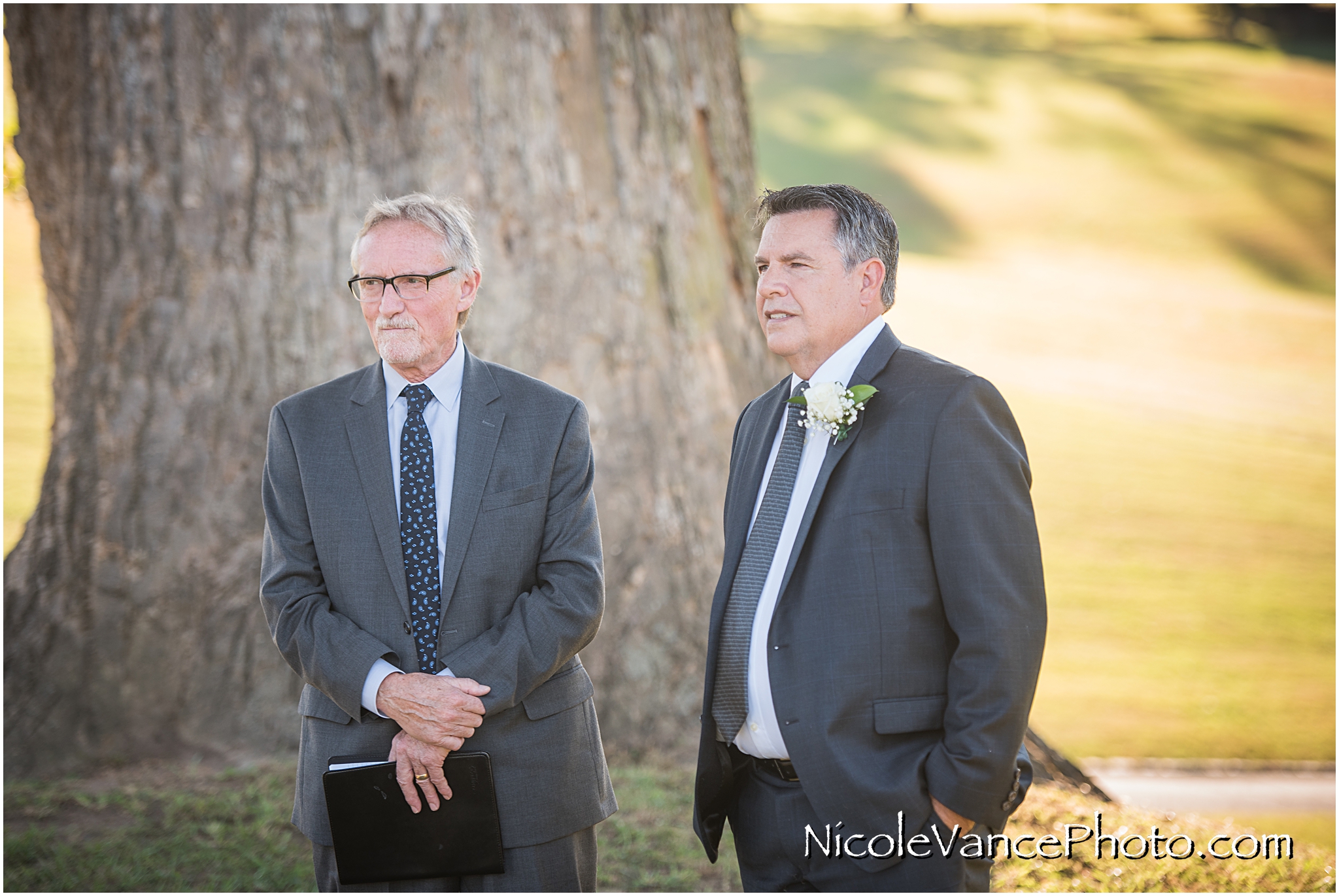 The groom sees his bride for the first time at their ceremony at Maymont Park in Richmond, Virginia.