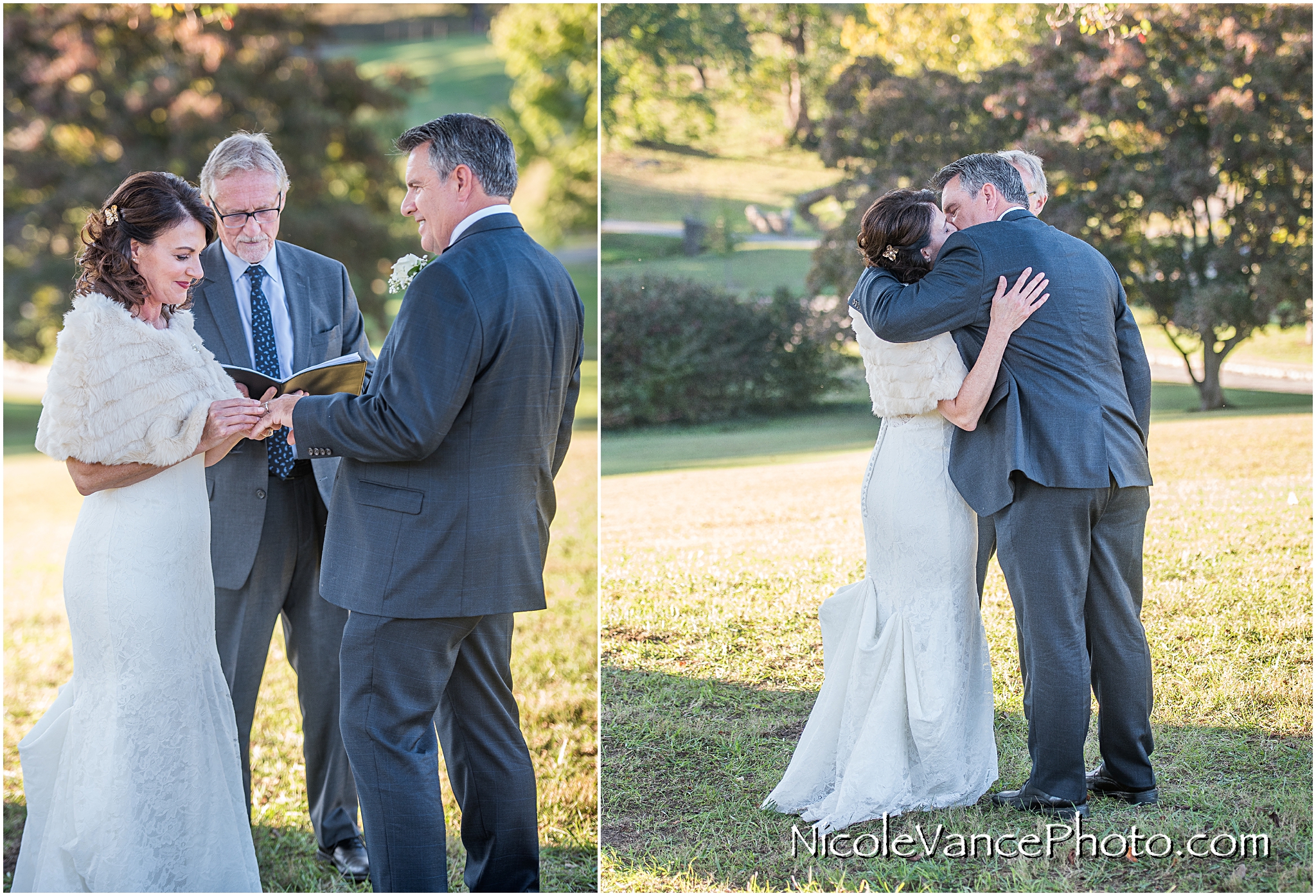 The couple exchange rings and their first kiss during their ceremony at Maymont Park.