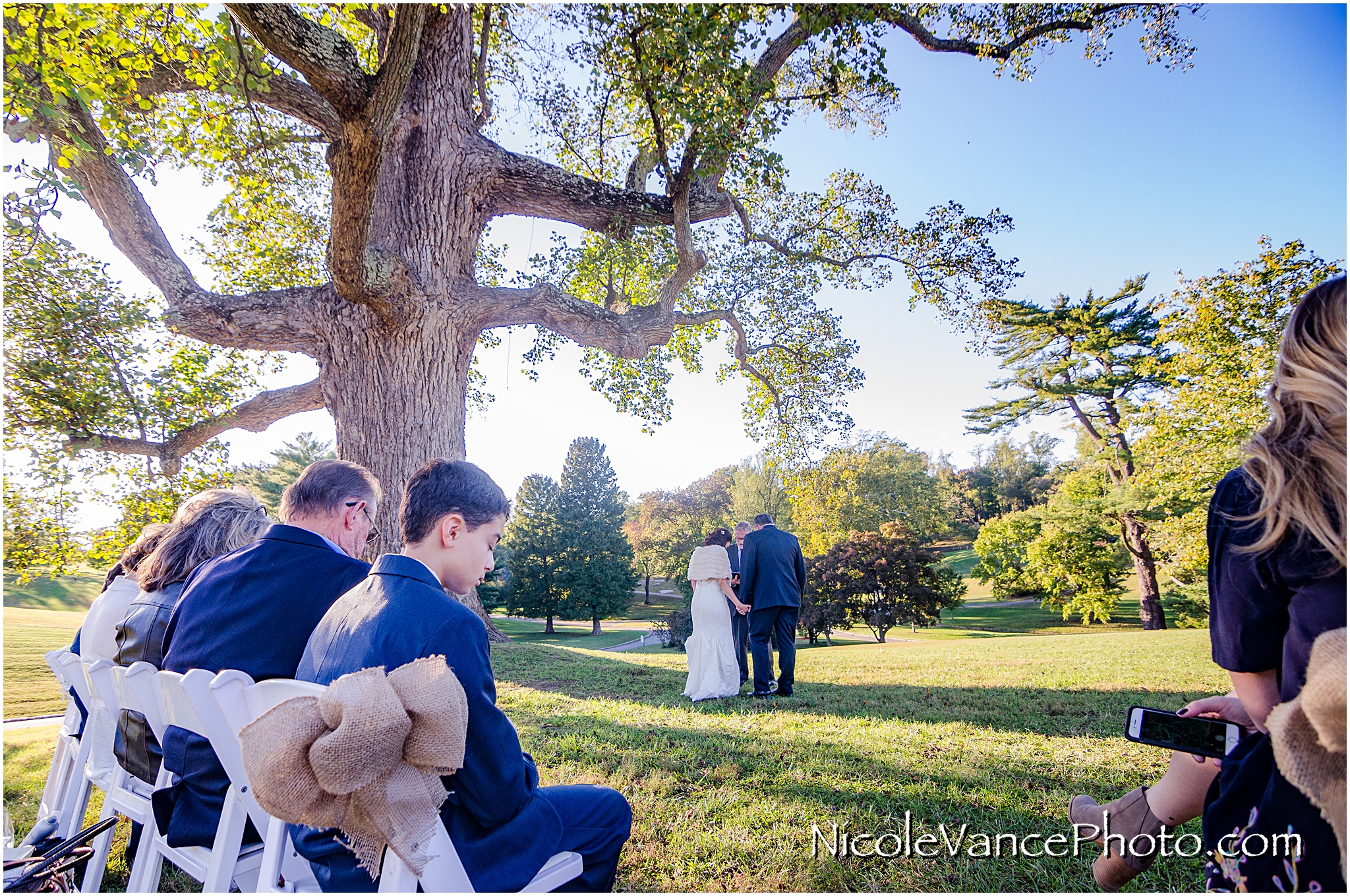 The wedding ceremony takes place under the large Tulip Poplar Tree at Maymont Park in Richmond, VA.