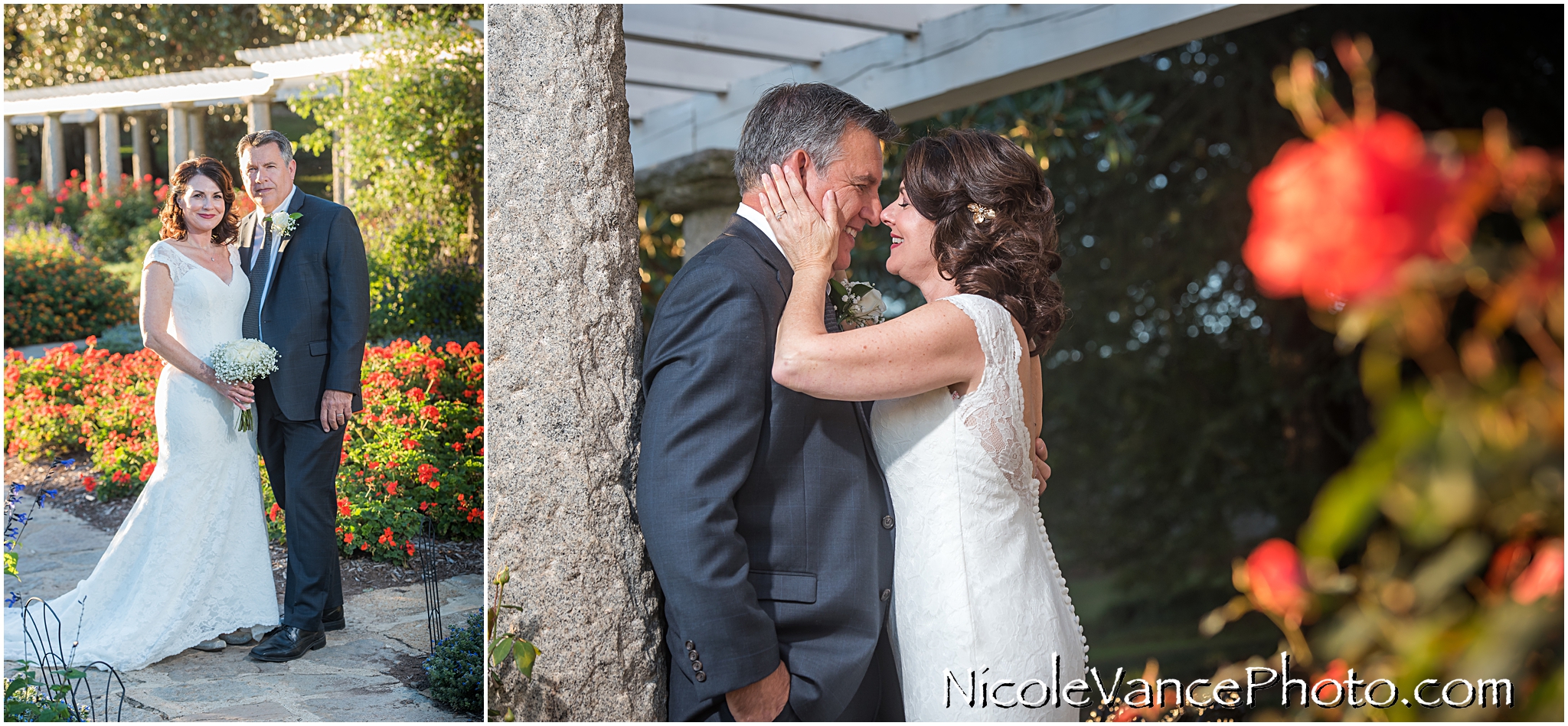 The bride and groom pose in the Italian Garden at Maymont Park in Richmond, VA.