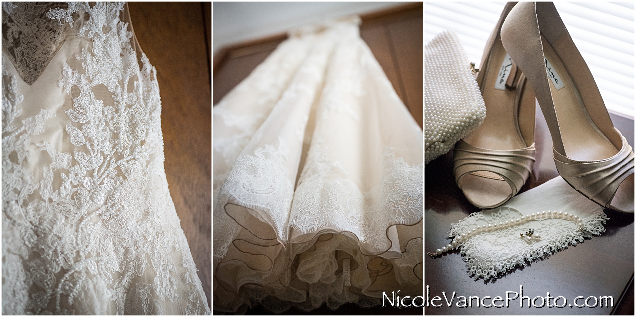 Wedding dress details and shoe details with pearls.
