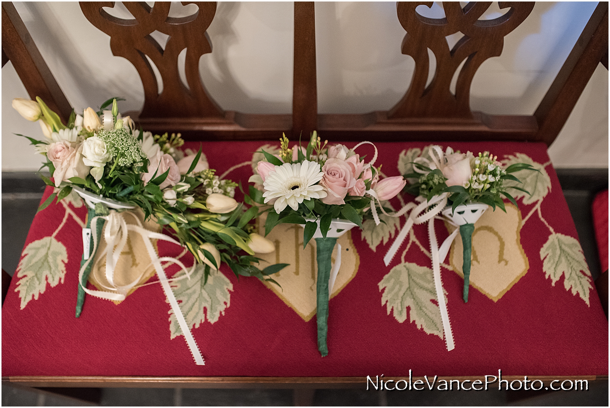 Bridal flowers are ready for the ceremony at Crestwood Presbyterian Church in Chesterfield VA.