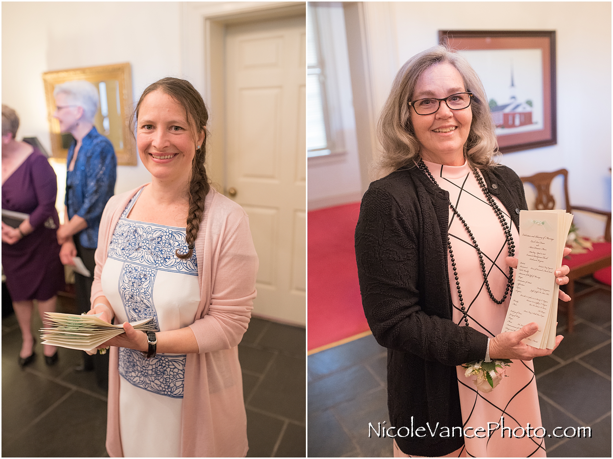 The hostesses hand out the programs before the ceremony at Crestwood Presbyterian Church in Chesterfield VA.