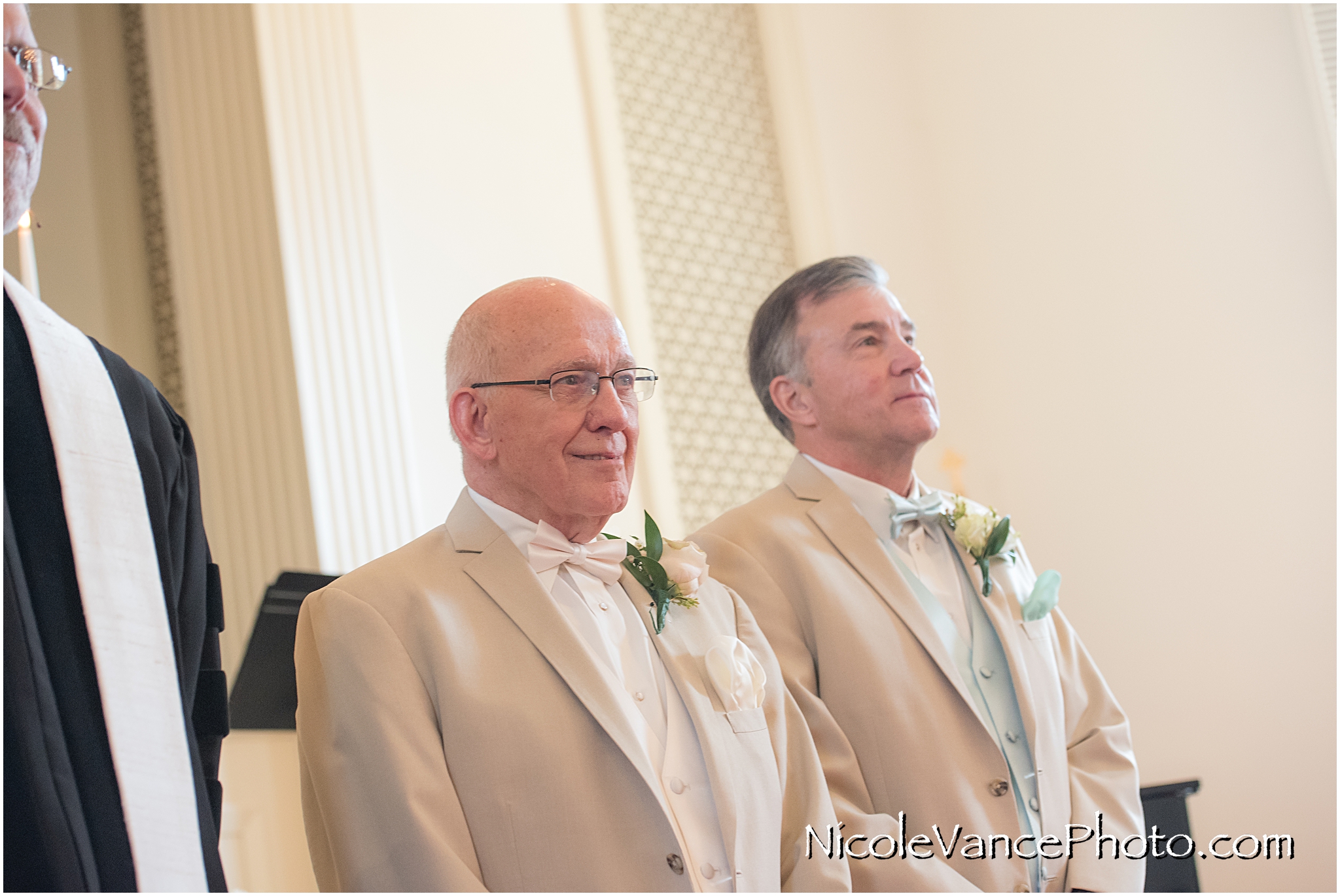 The groom sees his bride for the first time at Crestwood Presbyterian Church in Chesterfield VA.