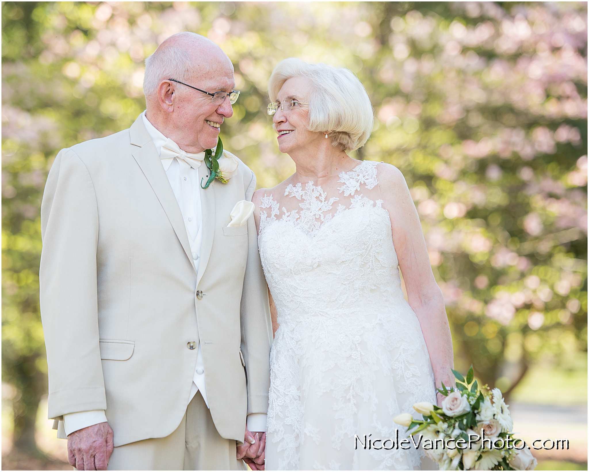 Bride and groom pose at Crestwood Presbyterian Church in Chesterfield VA