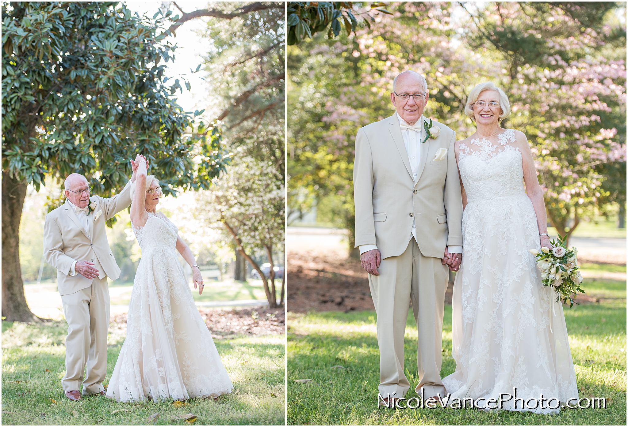 Bride and groom pose at Crestwood Presbyterian Church in Chesterfield VA