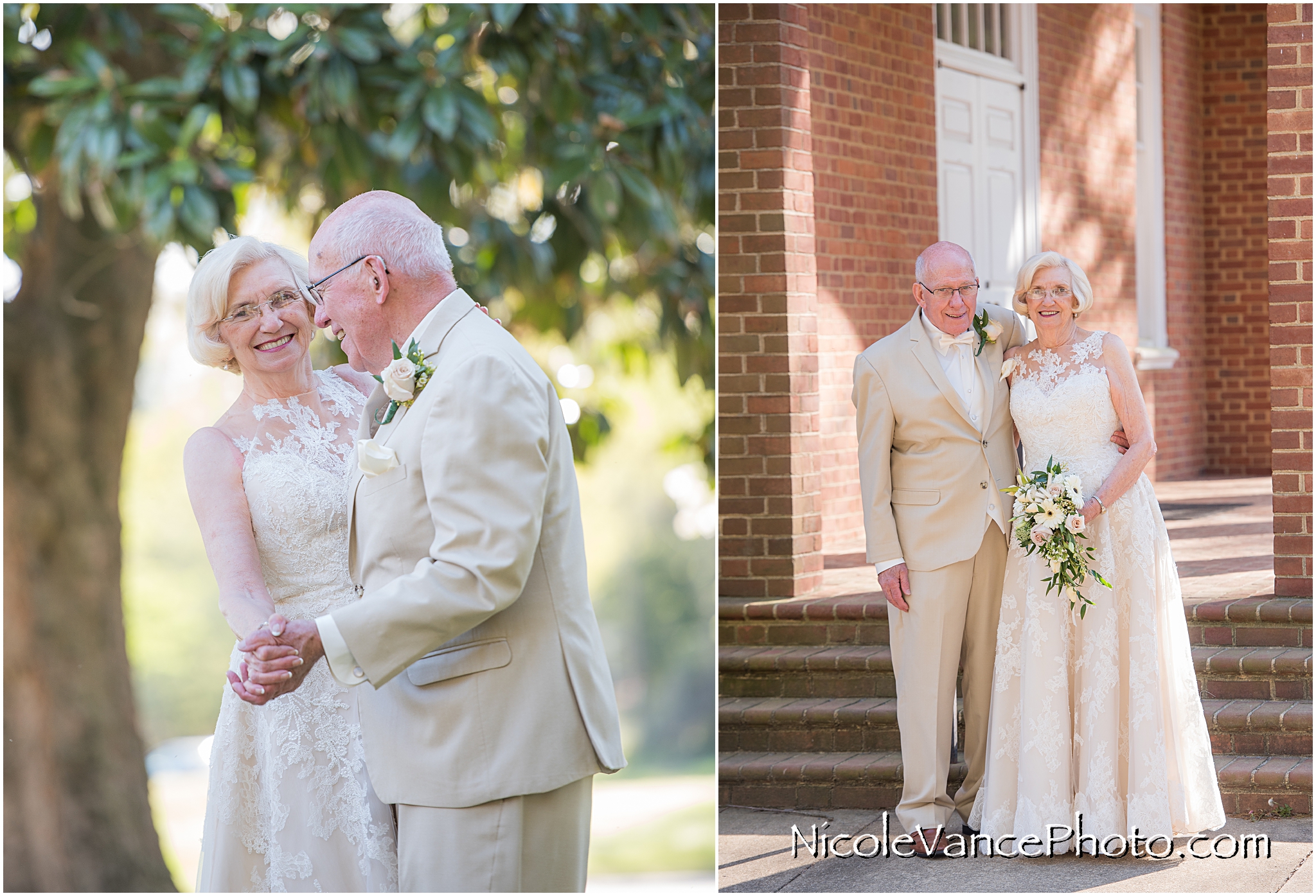 Bride and groom pose at Crestwood Presbyterian Church in Chesterfield VA